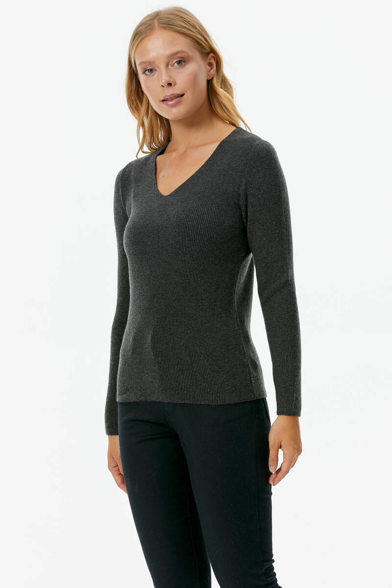 V Yaka Basic Triko Kazak - Antrasit (3) Sementa