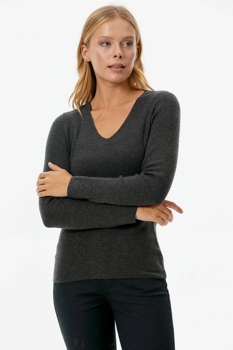 V Yaka Basic Triko Kazak - Antrasit (4) Sementa