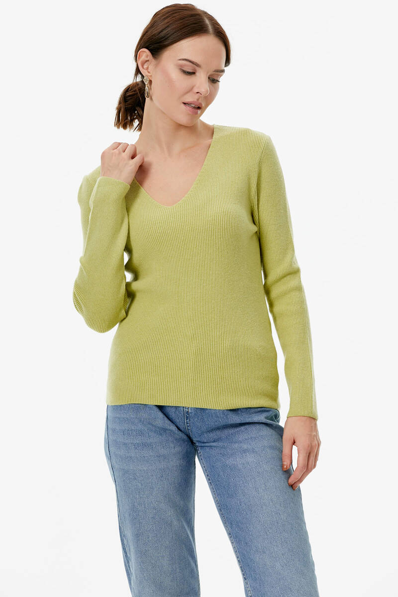 V Yaka Basic Triko Kazak - Fıstık Yeşili (3) Sementa