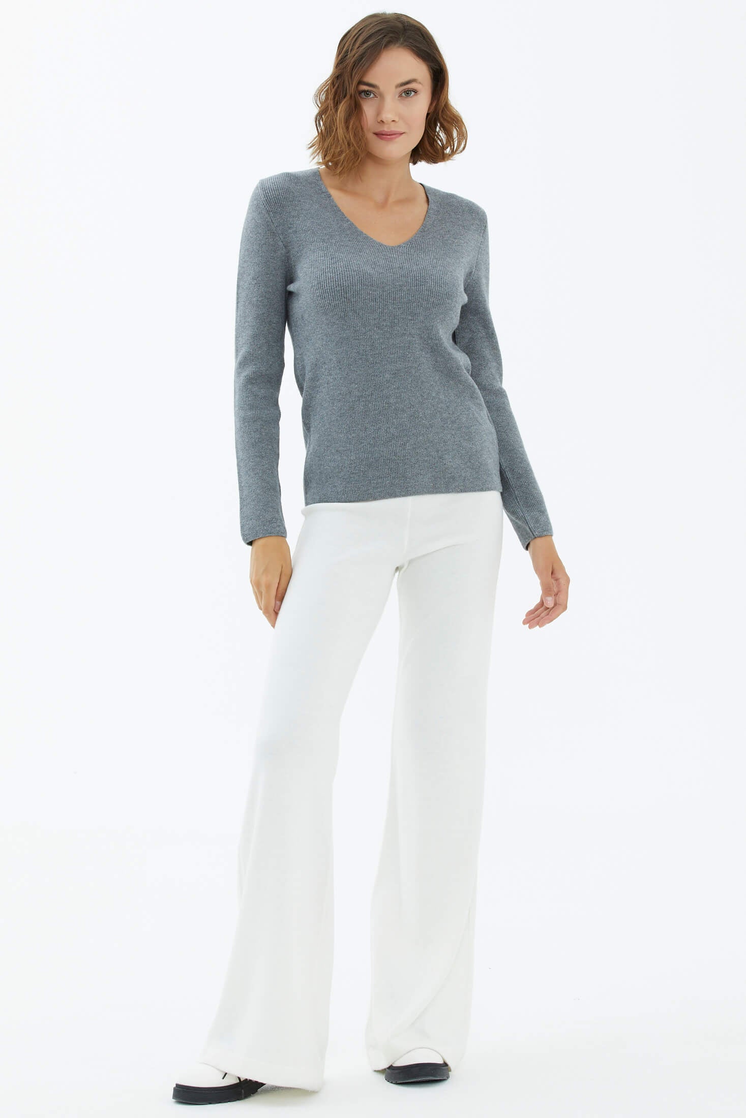 V Yaka Basic Triko Kazak - Koyu Gri (3) Sementa