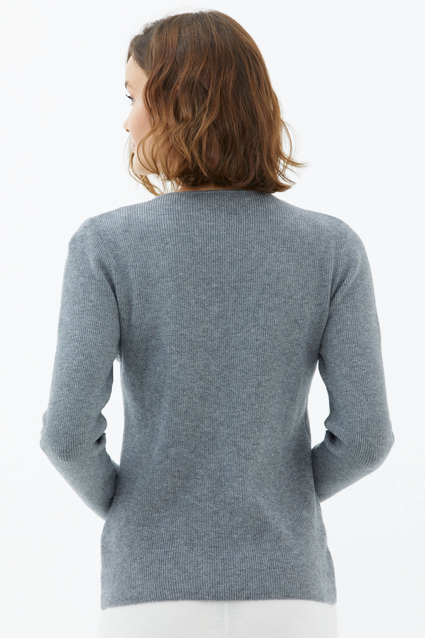 V Yaka Basic Triko Kazak - Koyu Gri (4) Sementa