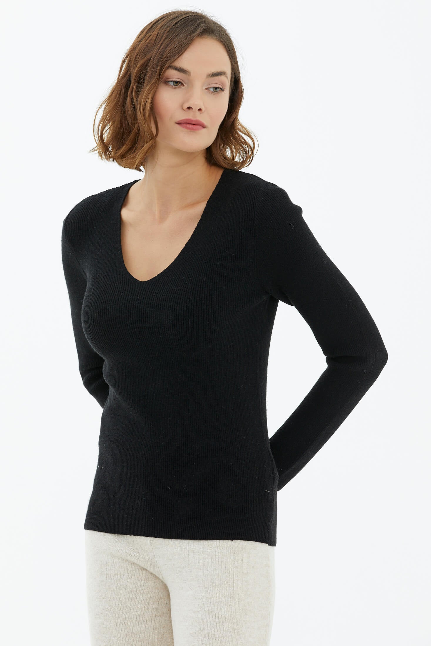 V Yaka Basic Triko Kazak - Siyah (3) Sementa