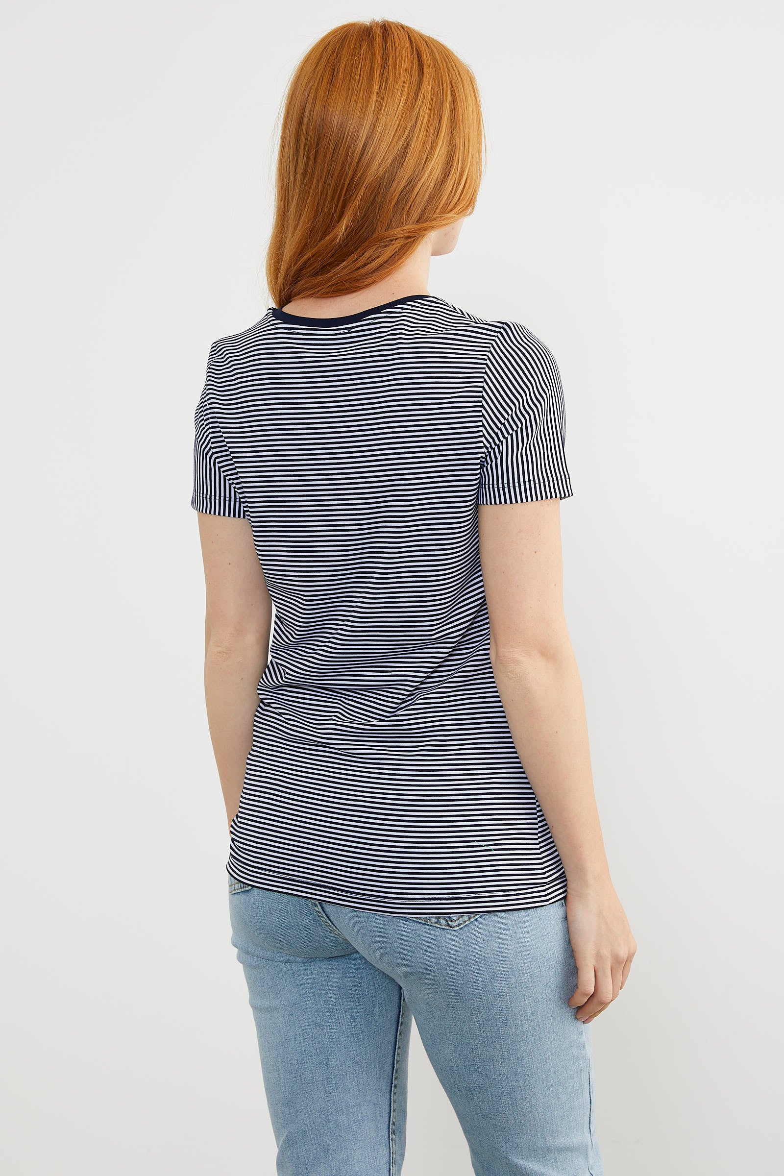 V Yaka Biye Detaylı Çizgili Tişört - Lacivert (4) Sementa