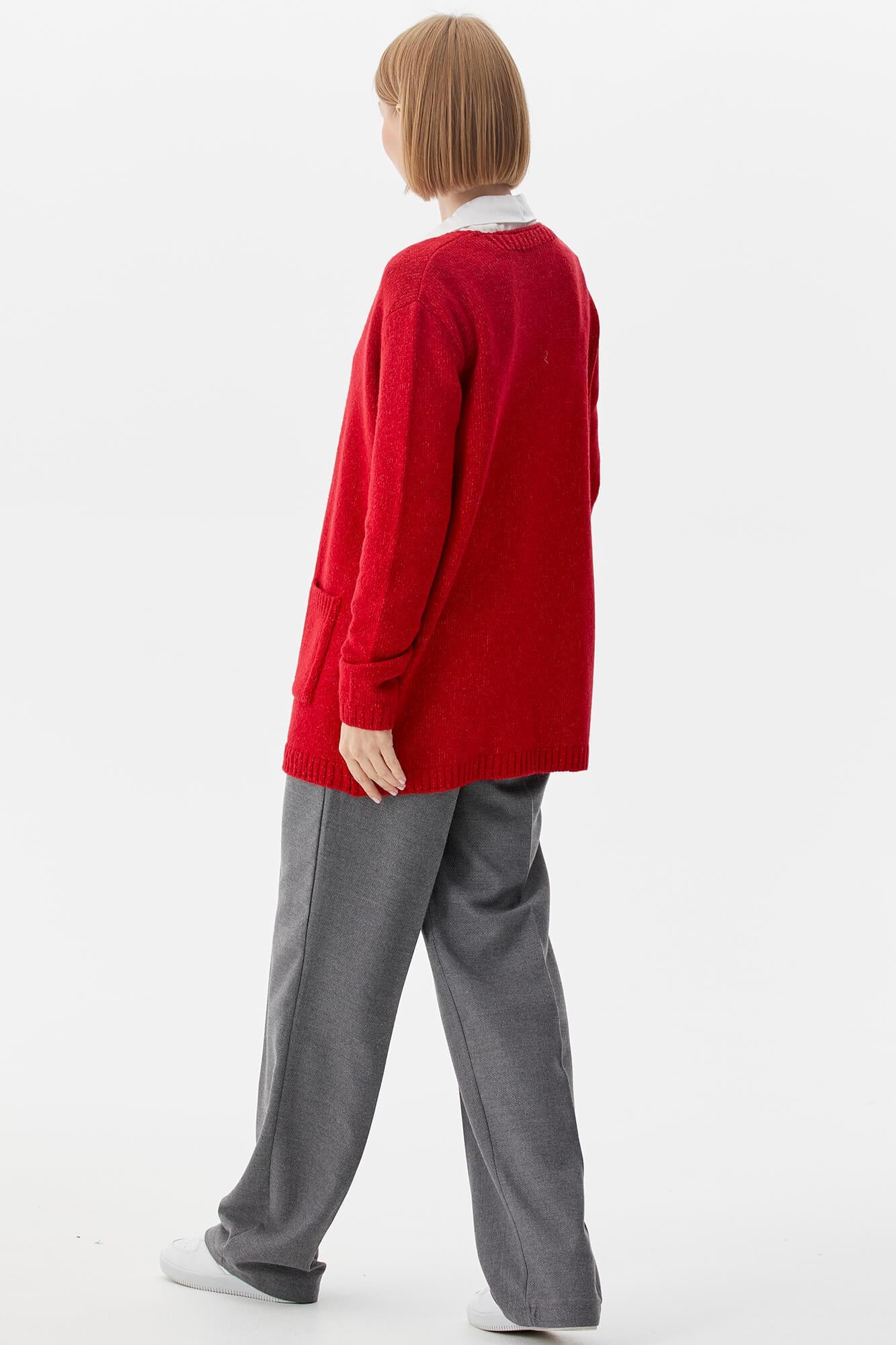 V Yaka Cepli Kadın Triko Ceket - Kırmızı (5) Sementa