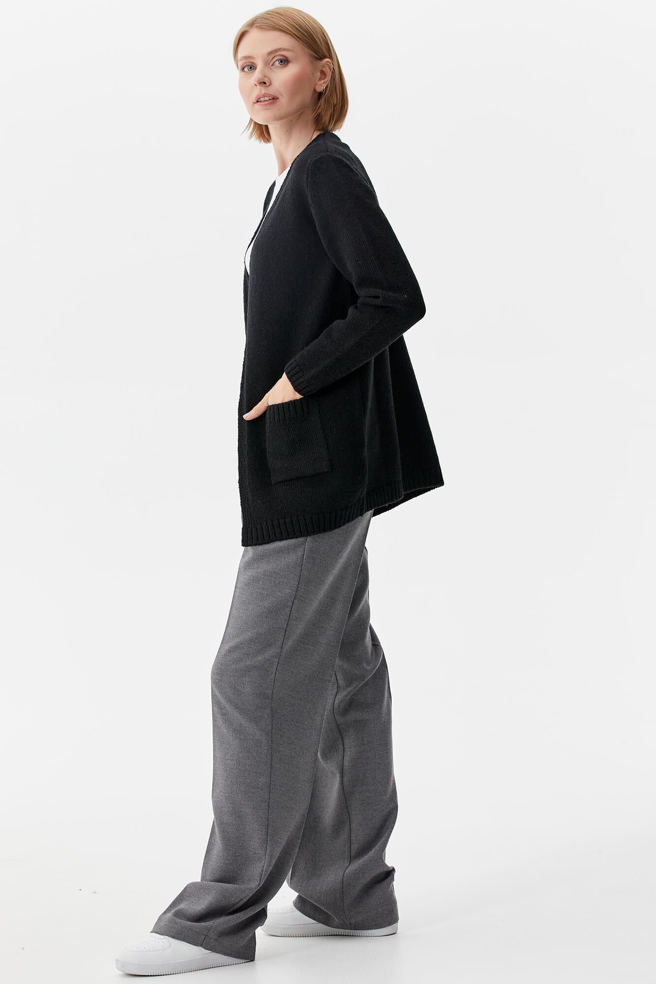 V Yaka Cepli Kadın Triko Ceket - Siyah (4) Sementa