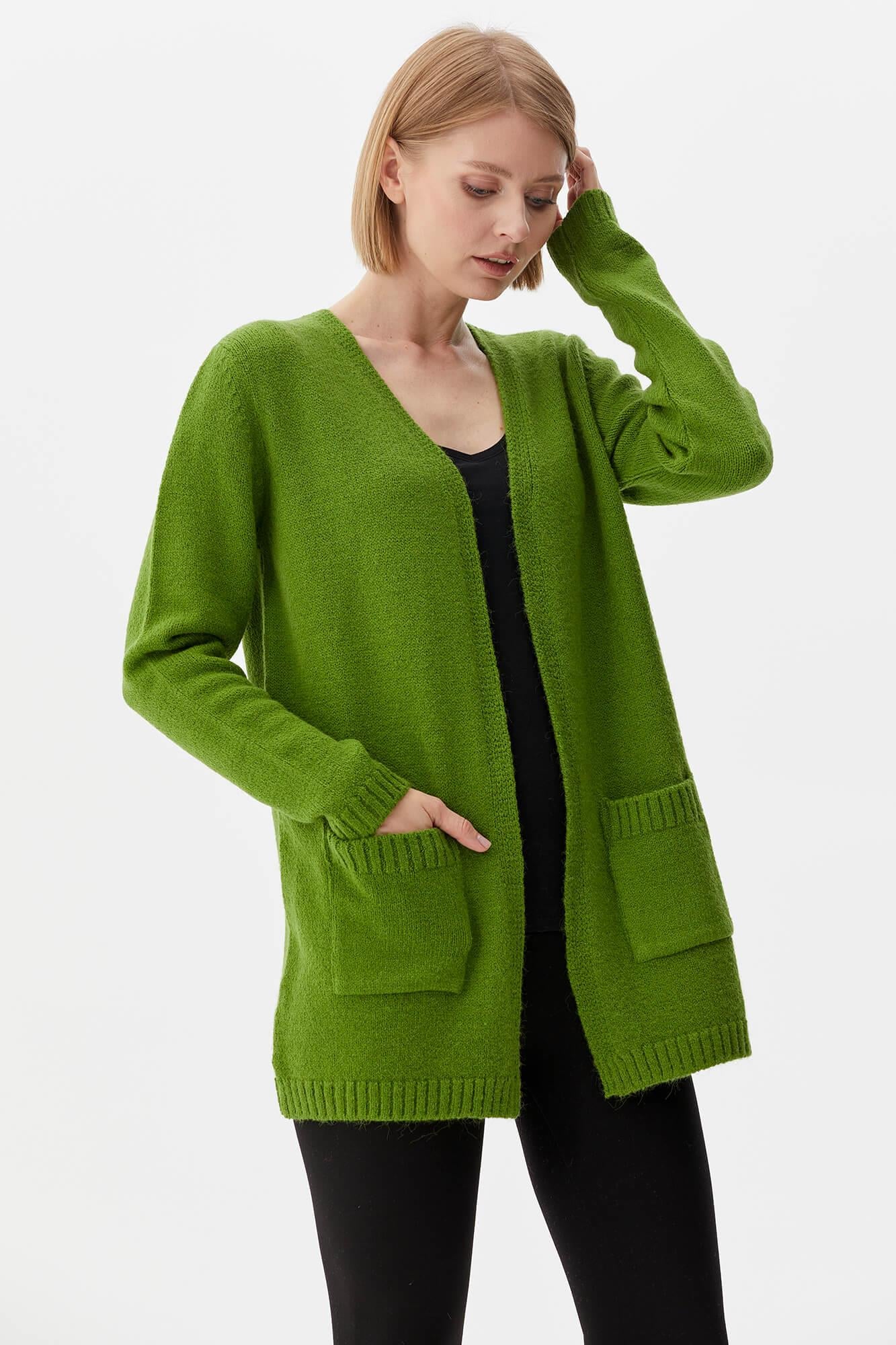 V Yaka Cepli Kadın Triko Ceket - Yeşil (2) Sementa