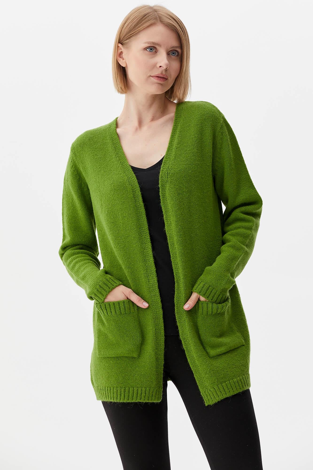 V Yaka Cepli Kadın Triko Ceket - Yeşil (3) Sementa