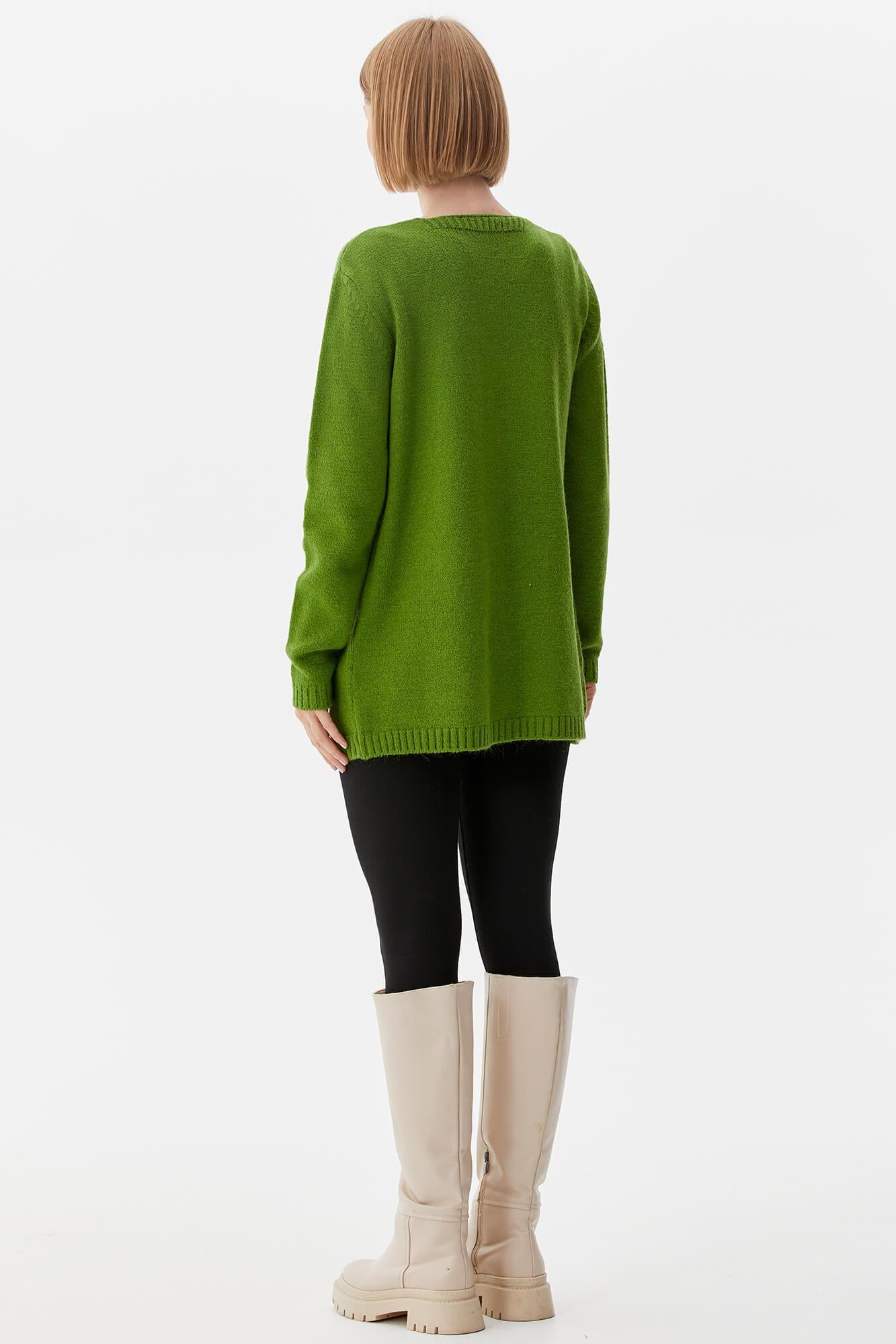 V Yaka Cepli Kadın Triko Ceket - Yeşil (5) Sementa