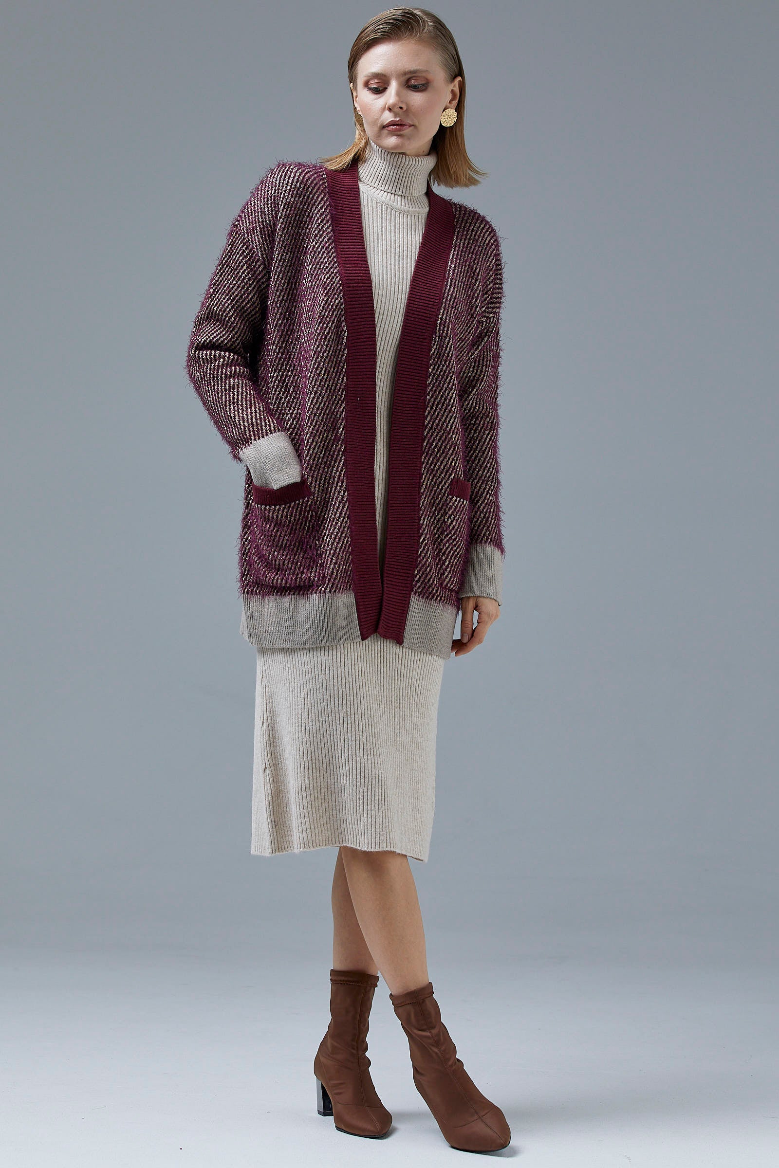 V Yaka Cepli Triko Hırka - Vizon - Bordo (2) Sementa