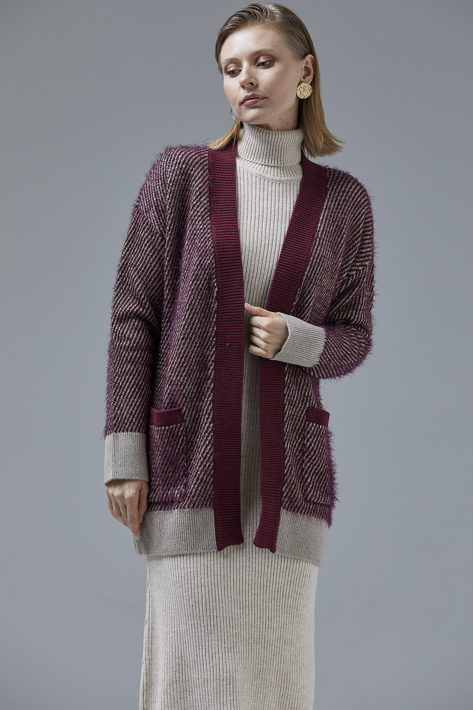 V Yaka Cepli Triko Hırka - Vizon - Bordo (3) Sementa