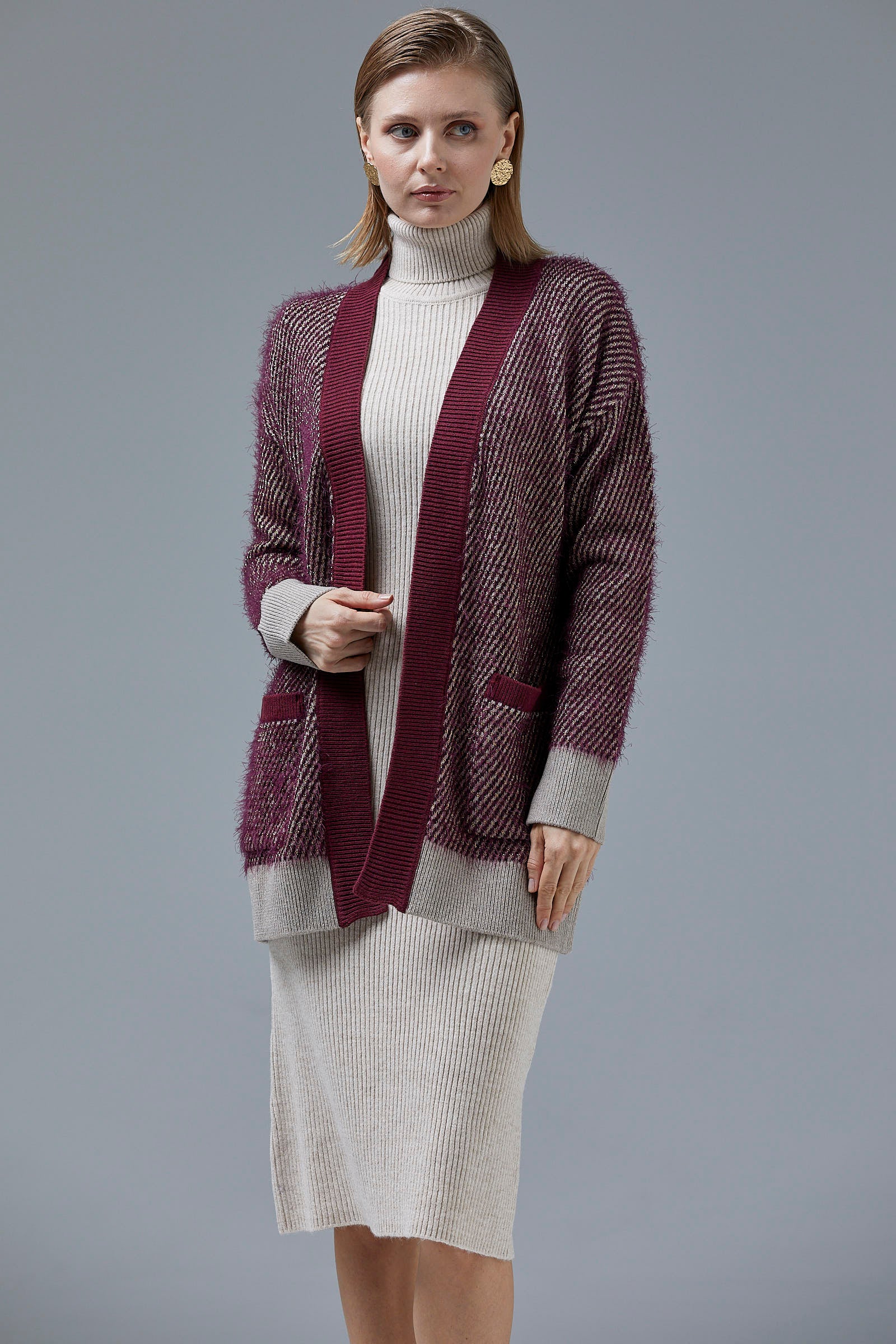 V Yaka Cepli Triko Hırka - Vizon - Bordo (4) Sementa