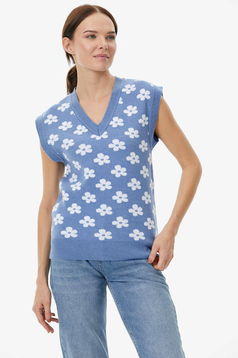 V Yaka Çiçek Motifli Triko Süveter - Mavi (3) Sementa