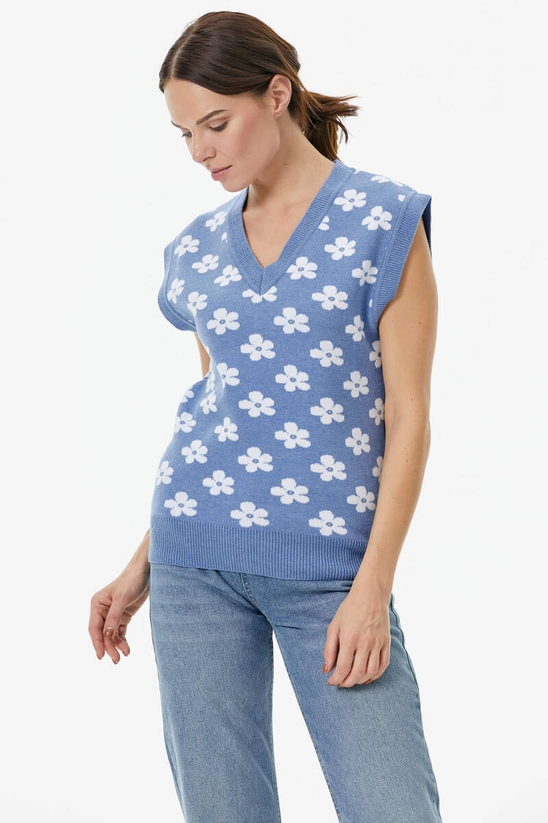 V Yaka Çiçek Motifli Triko Süveter - Mavi (4) Sementa