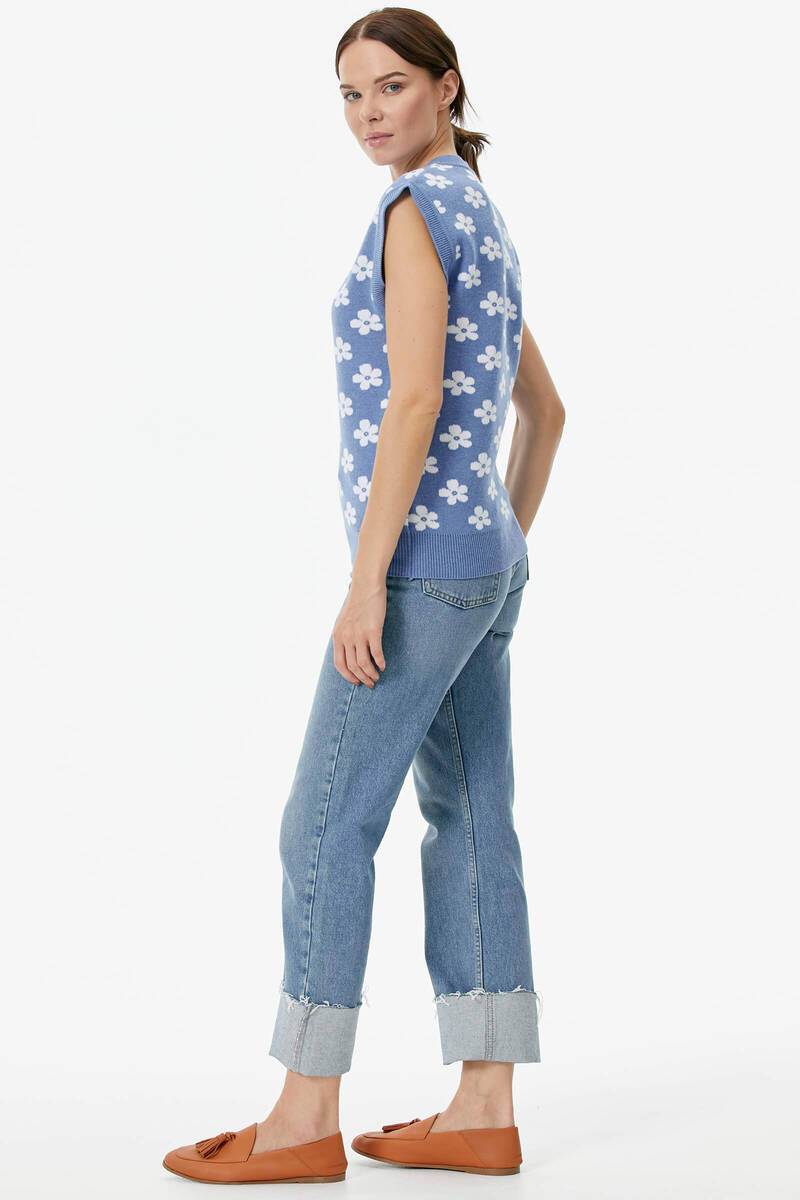 V Yaka Çiçek Motifli Triko Süveter - Mavi (5) Sementa