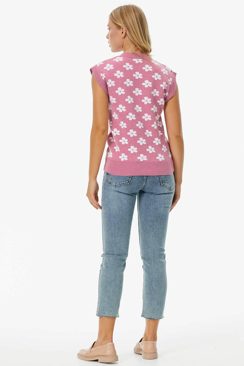 V Yaka Çiçek Motifli Triko Süveter - Pembe (5) Sementa