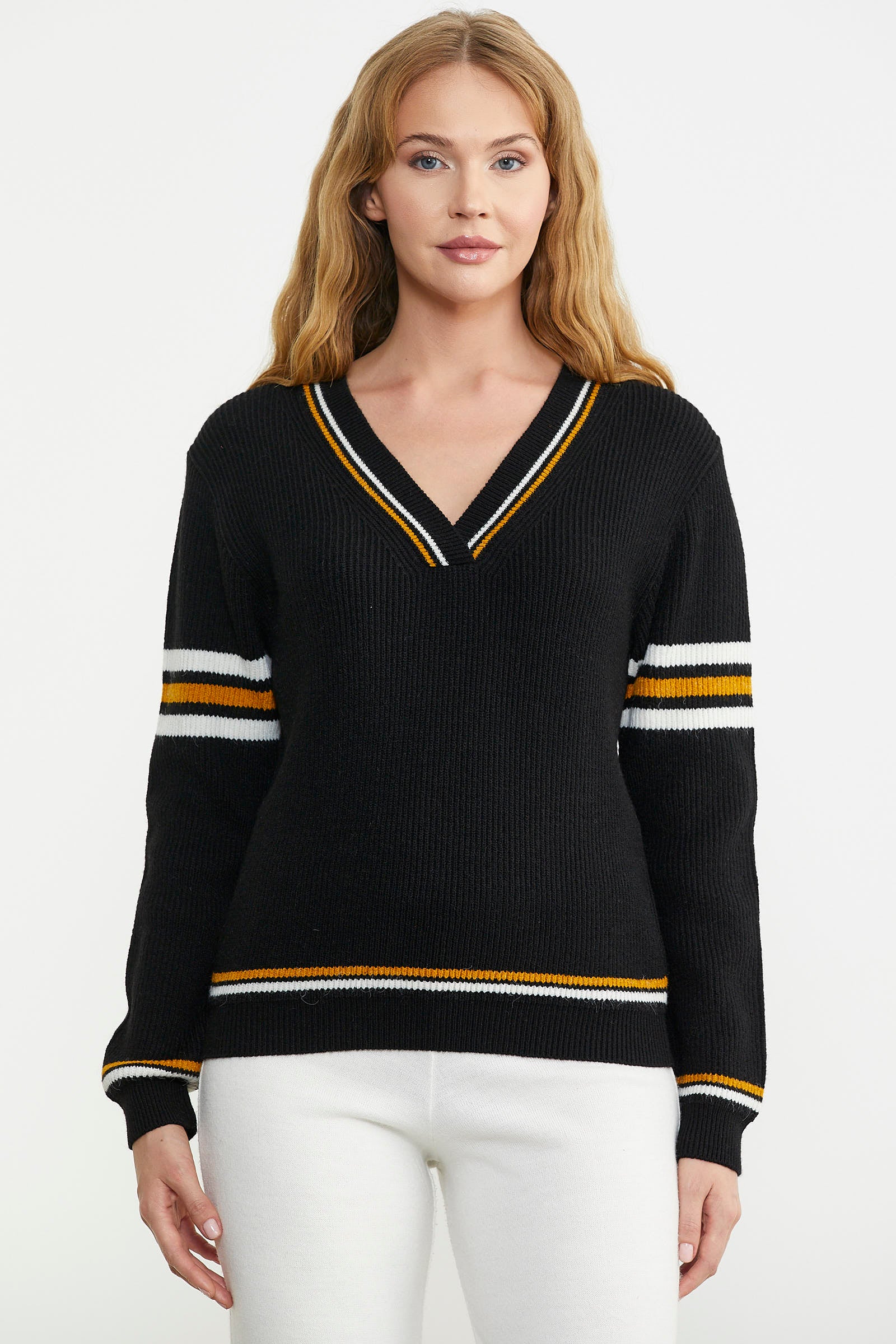 V Yaka Çizgi Kombinli Triko Kazak - Siyah - Sementa