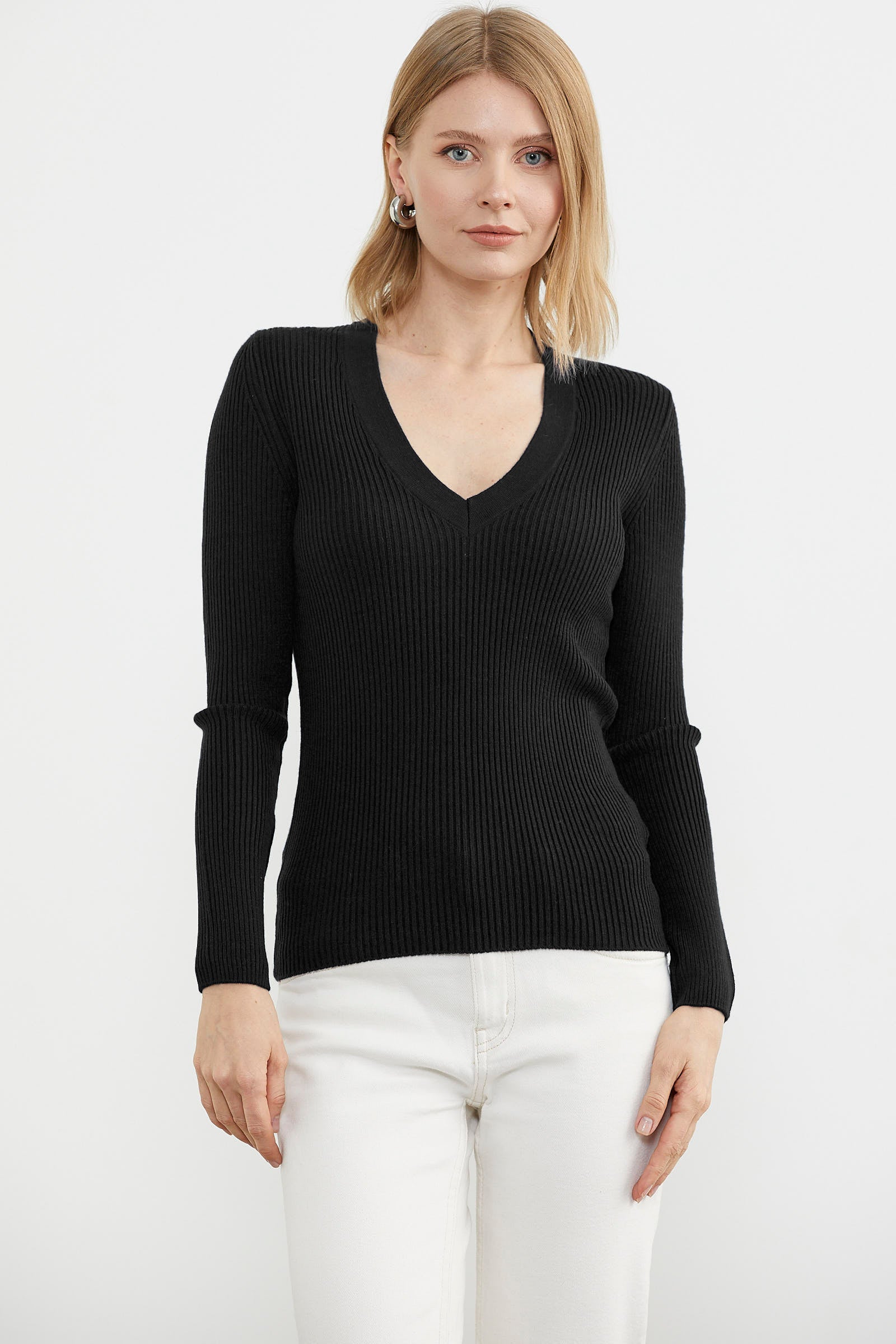 V Yaka Derbili Basic Triko Kazak - Siyah (2) Sementa