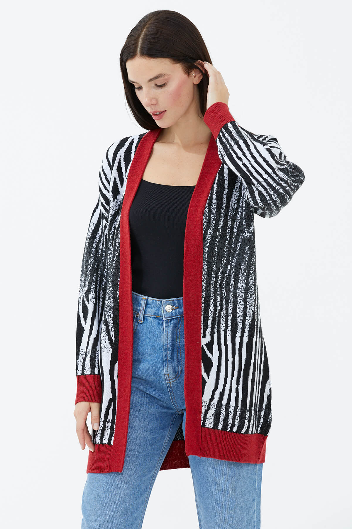 V Yaka Desenli Triko Hırka - Kırmızı (3) Sementa