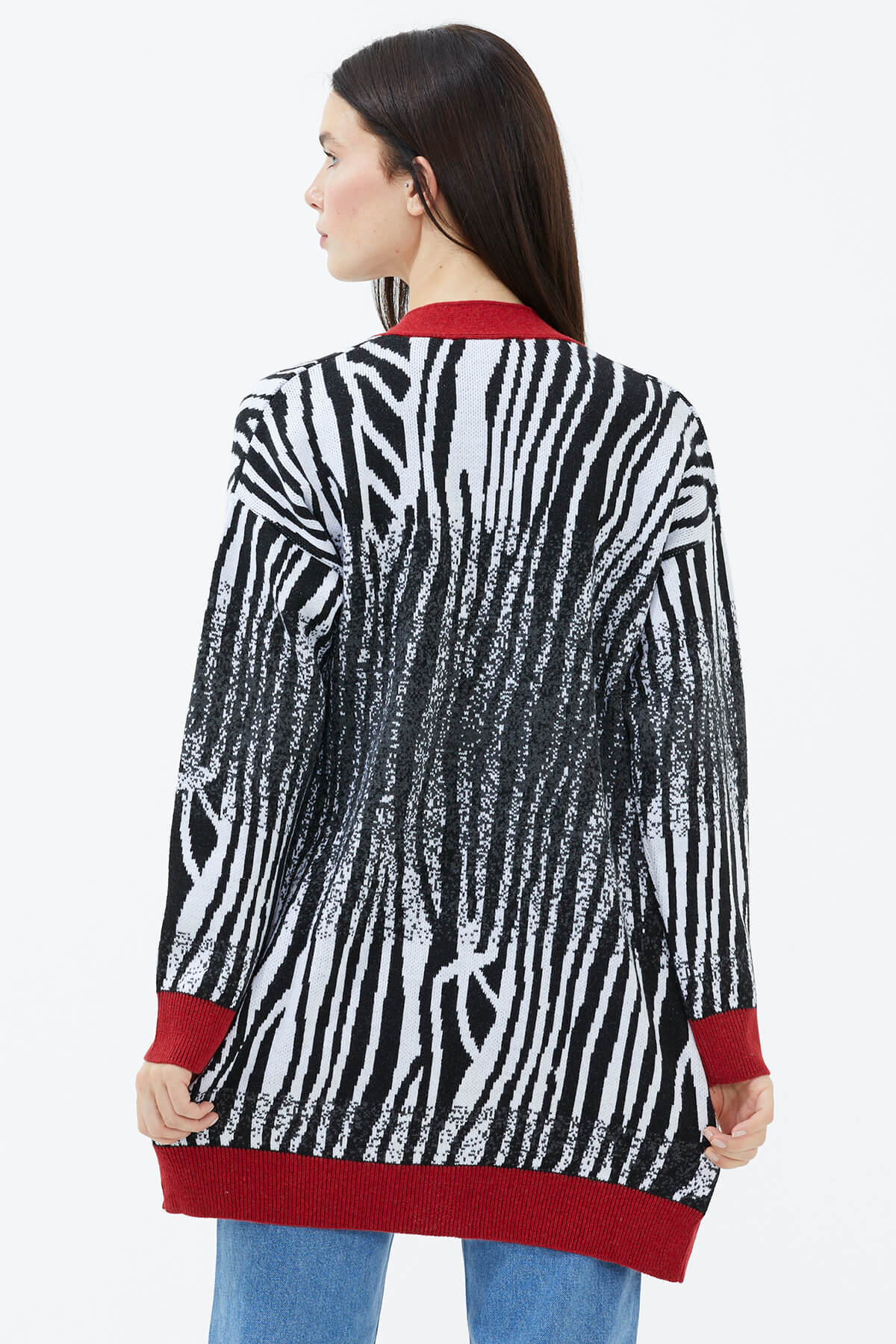 V Yaka Desenli Triko Hırka - Kırmızı (4) Sementa