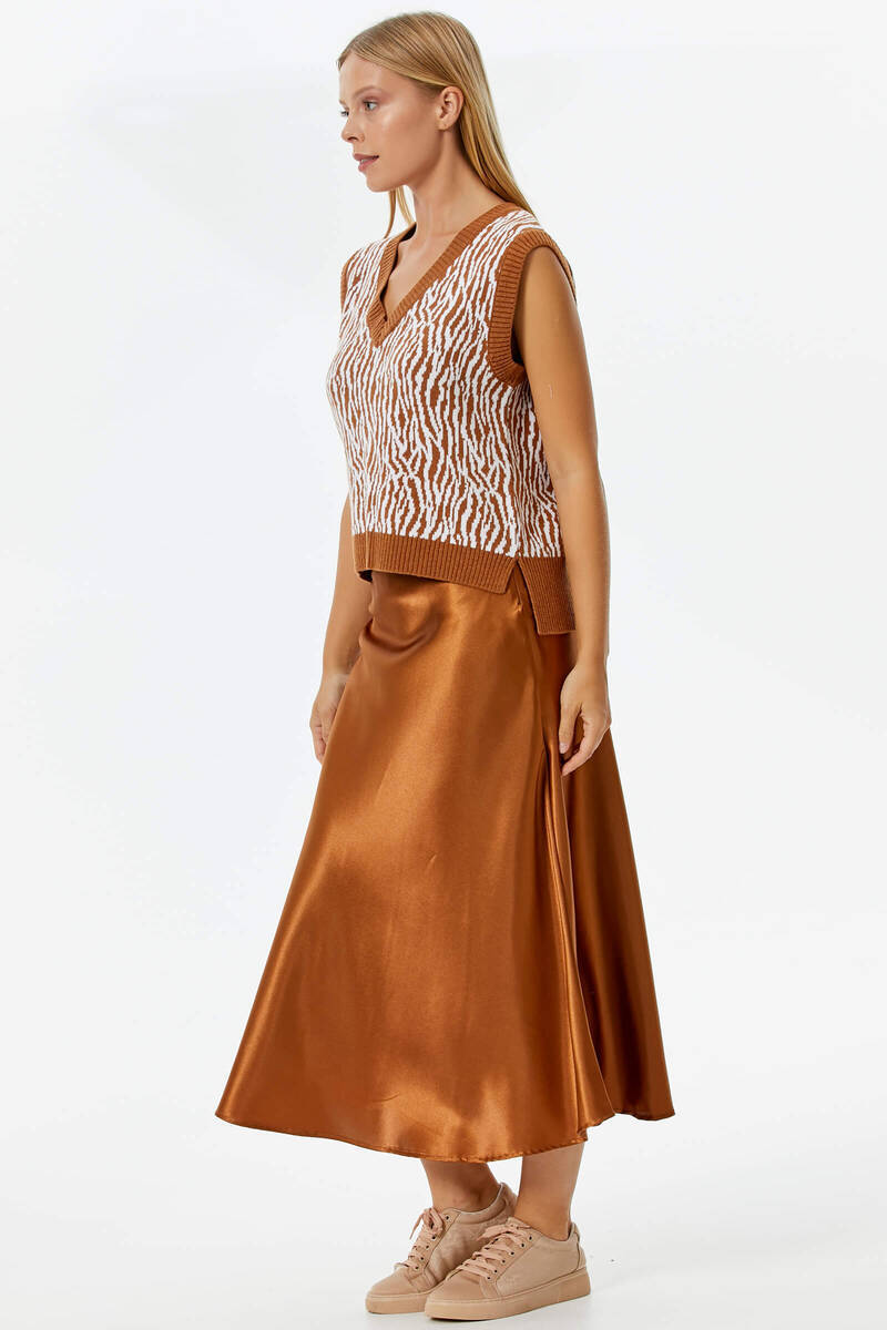 V Yaka Desenli Triko Süveter - Kiremit (3) Sementa