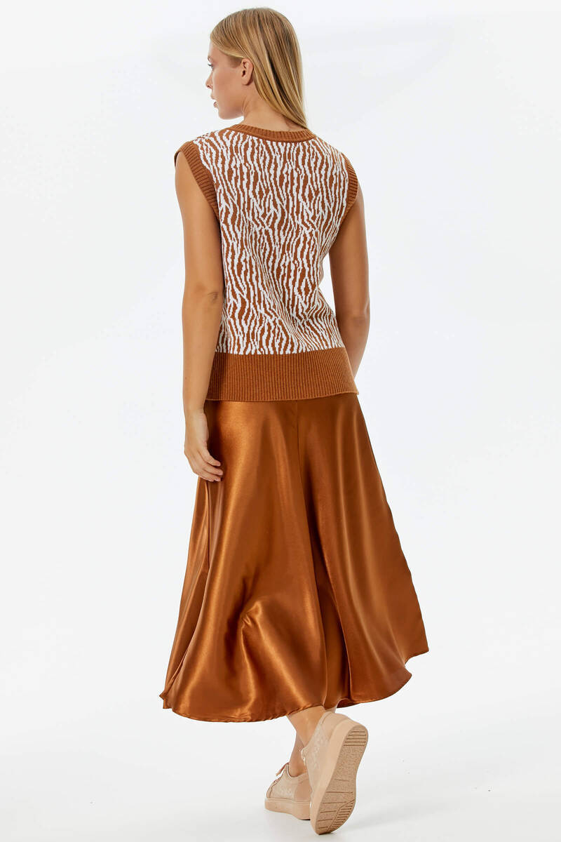 V Yaka Desenli Triko Süveter - Kiremit (4) Sementa