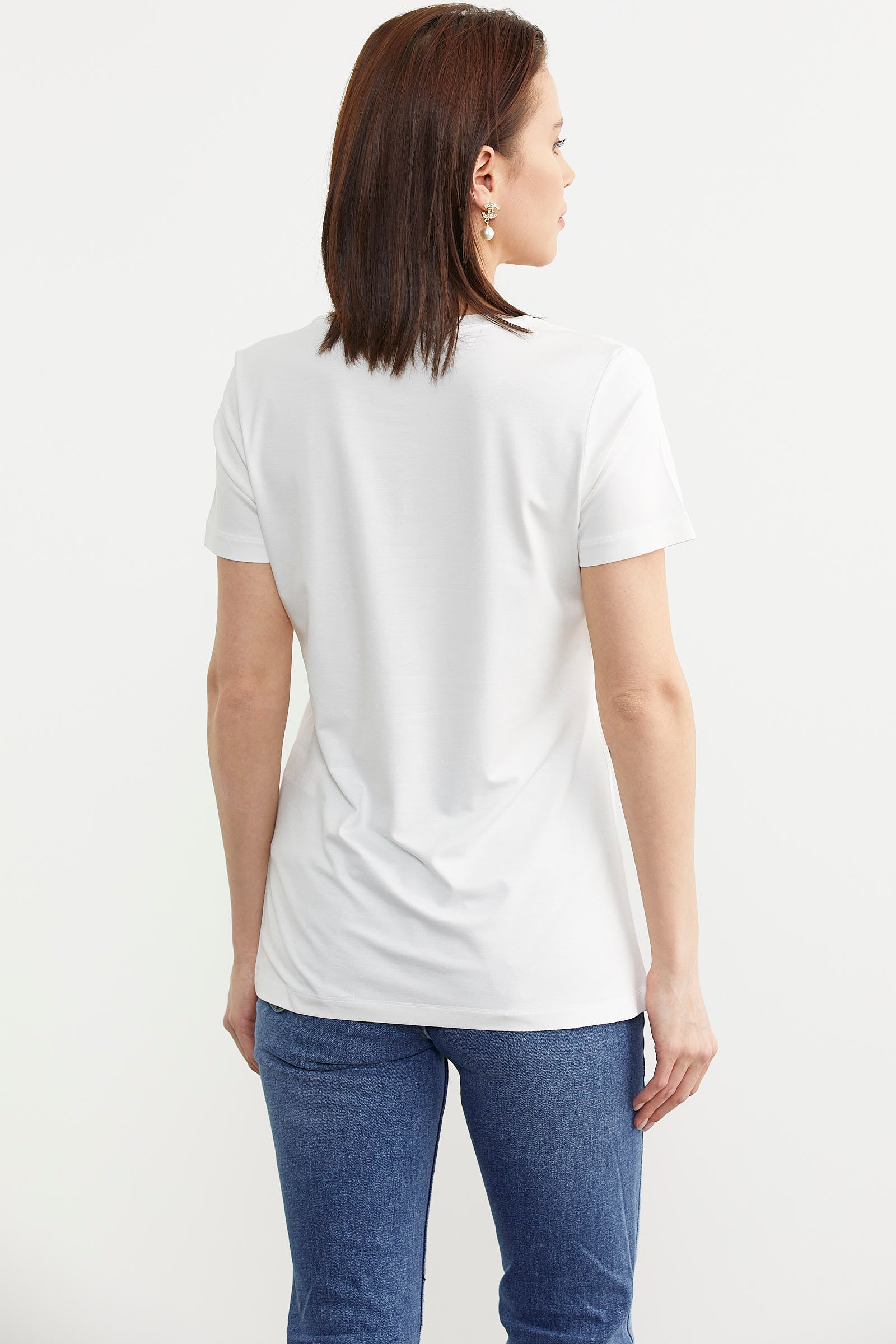 V Yaka Dökümlü Basic Tişört - Ekru (4) Sementa