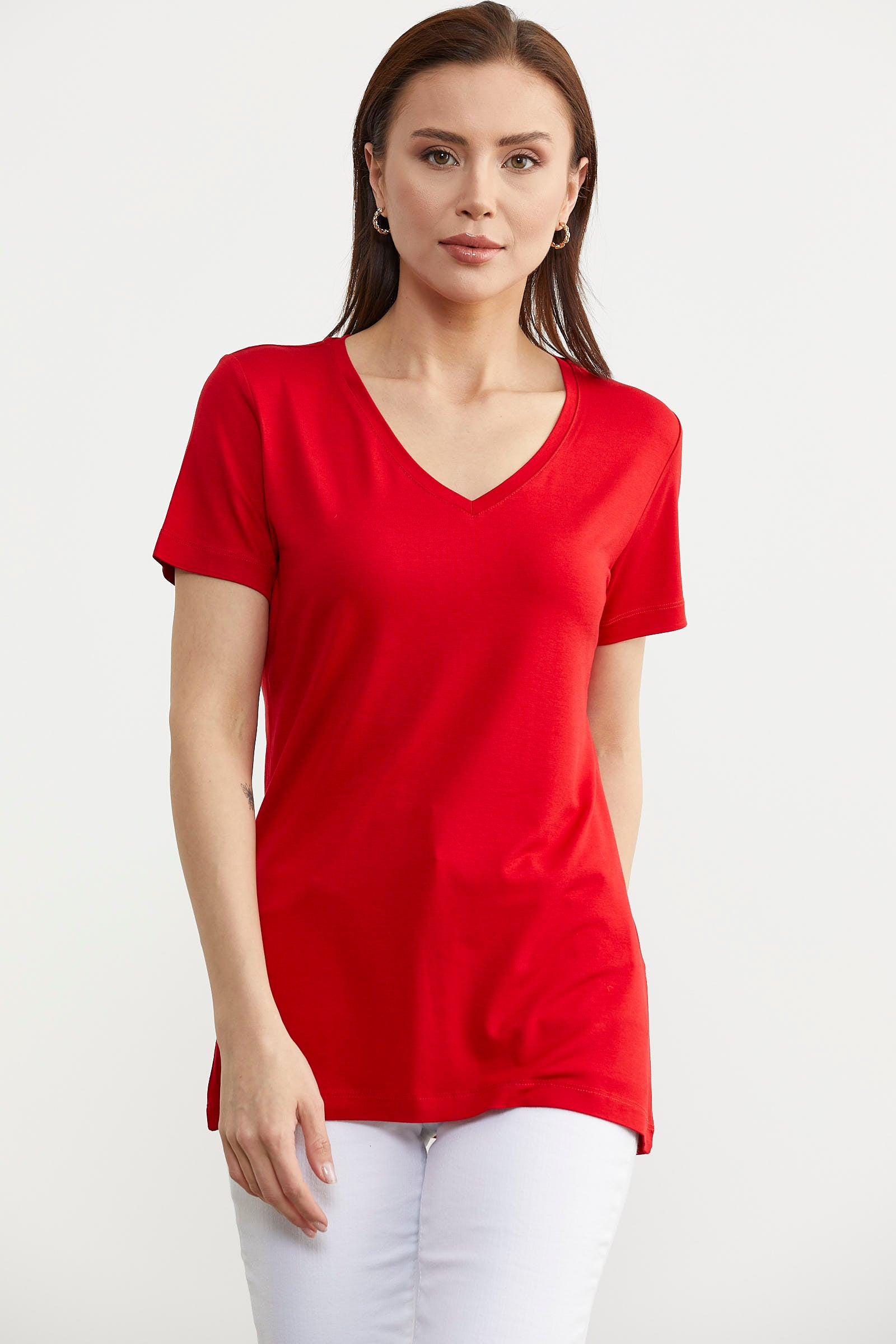 V Yaka Dökümlü Basic Tişört - Kırmızı (2) Sementa