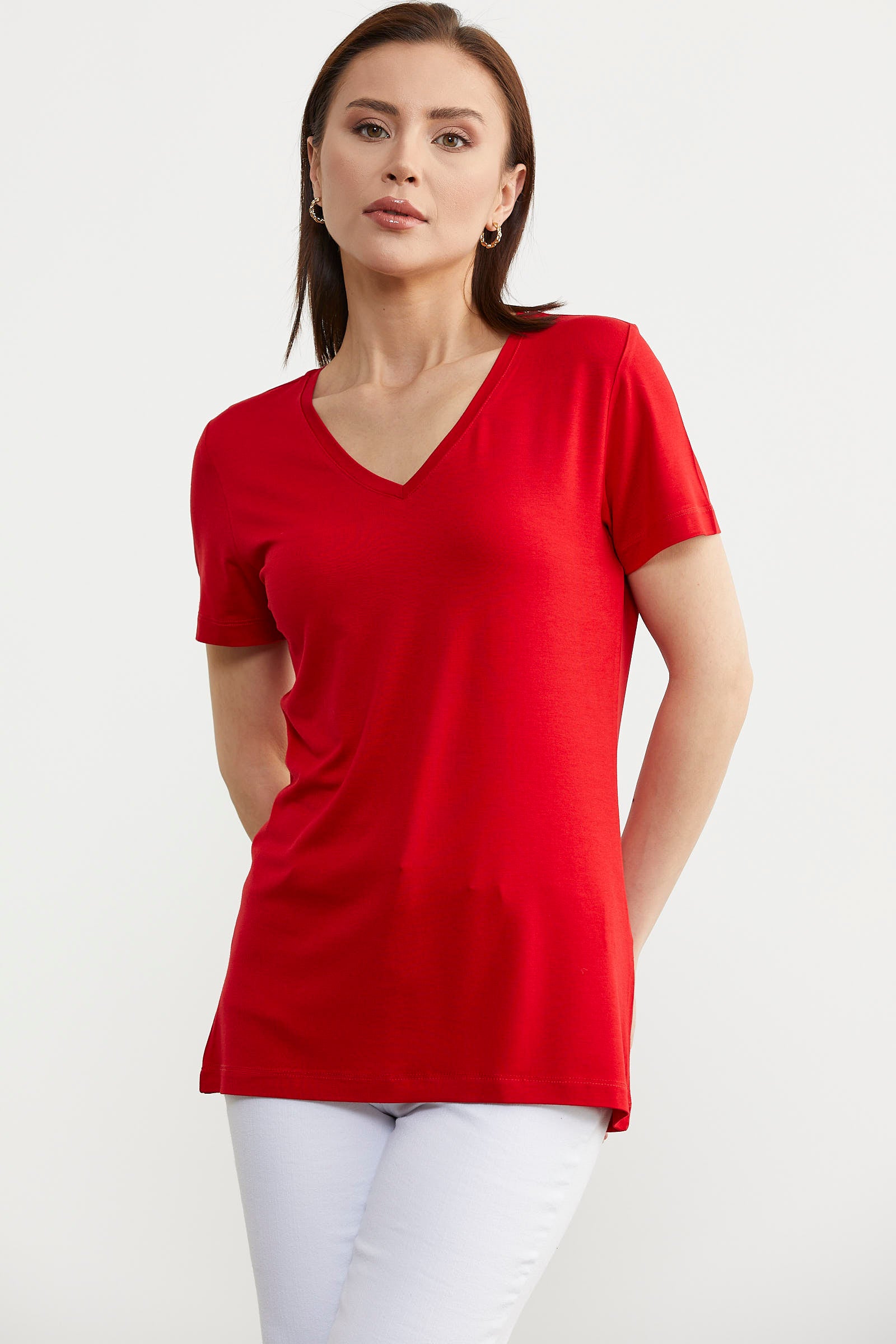 V Yaka Dökümlü Basic Tişört - Kırmızı (3) Sementa