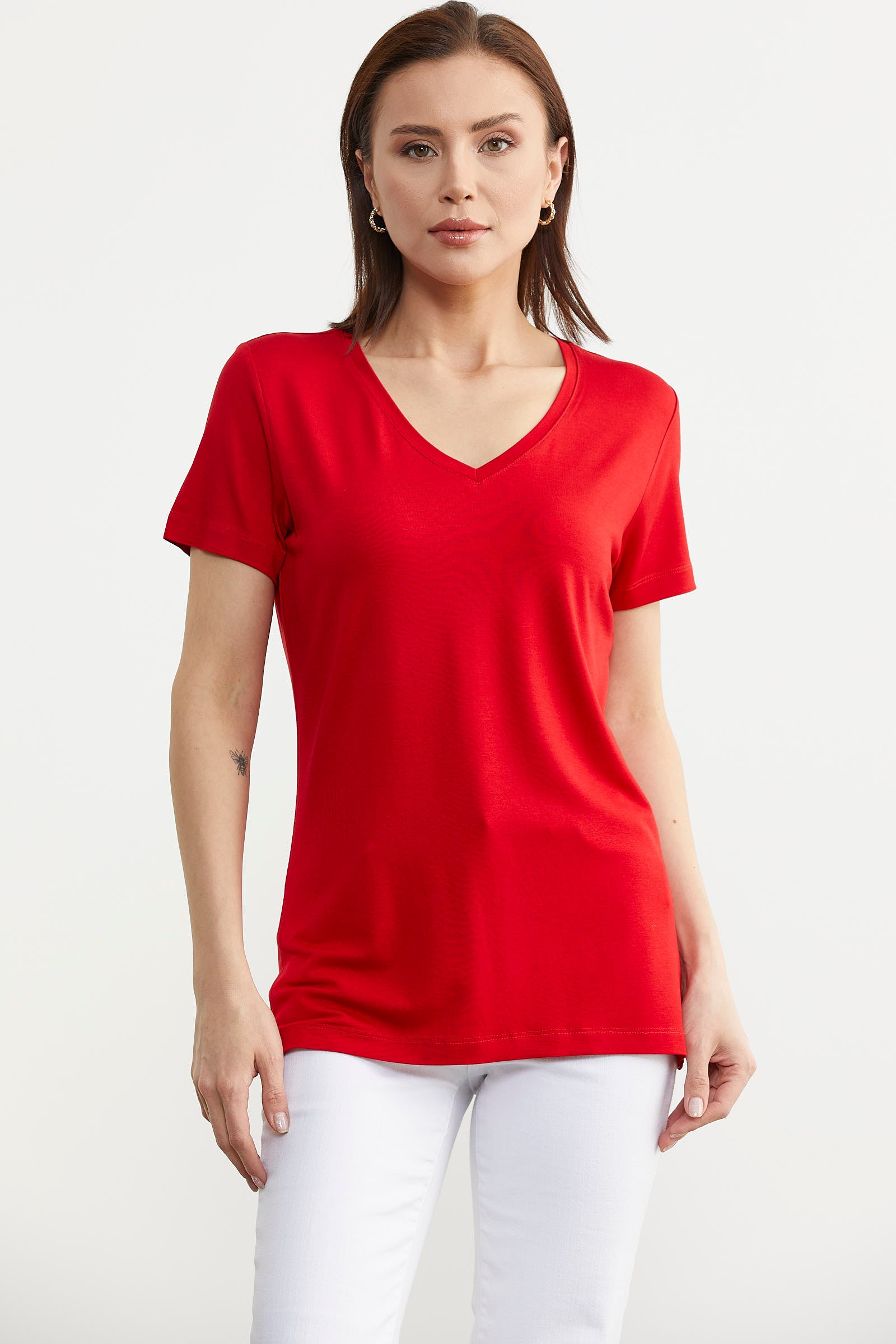 V Yaka Dökümlü Basic Tişört - Kırmızı (5) Sementa