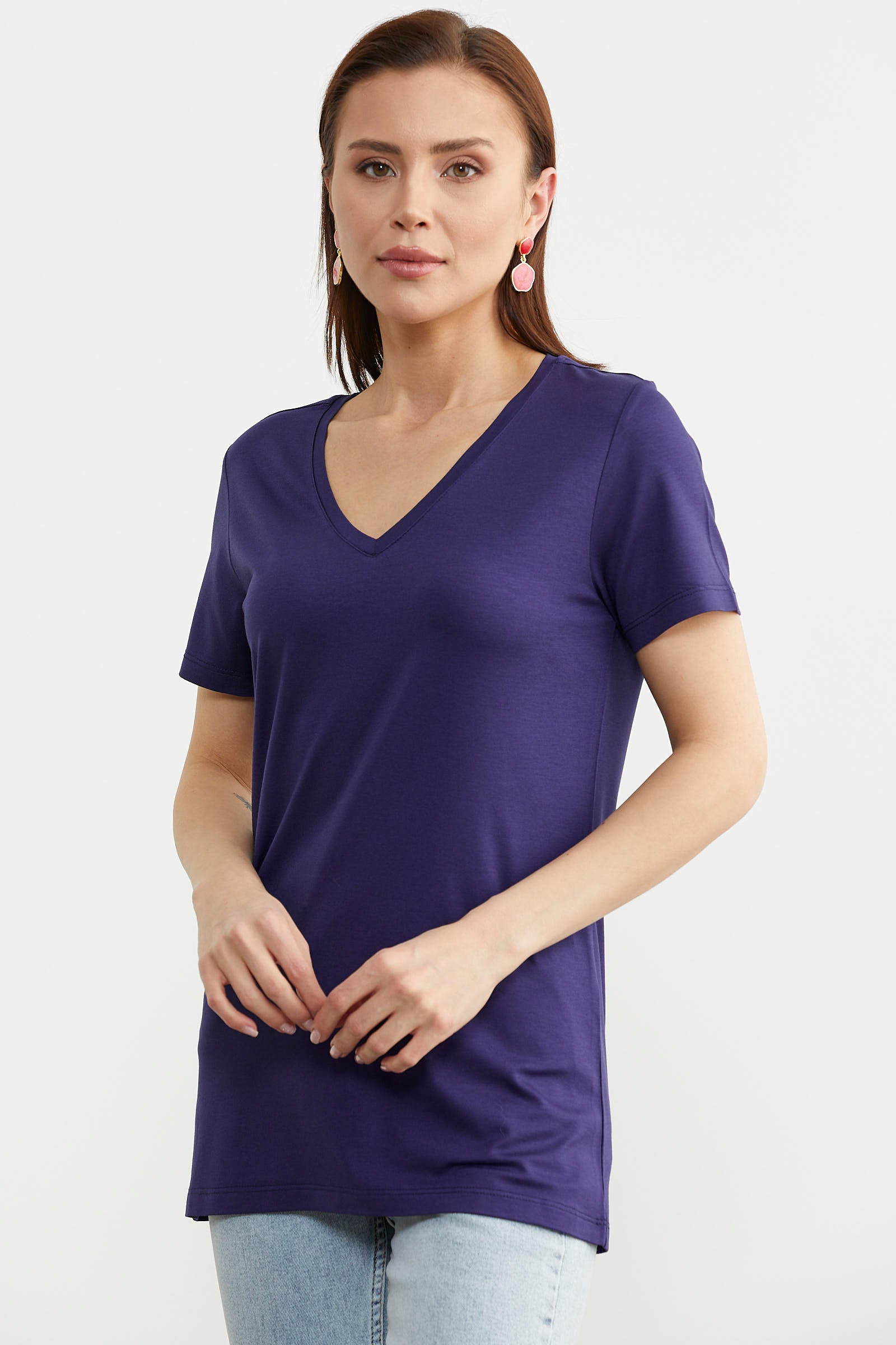 V Yaka Dökümlü Basic Tişört - Lacivert (2) Sementa