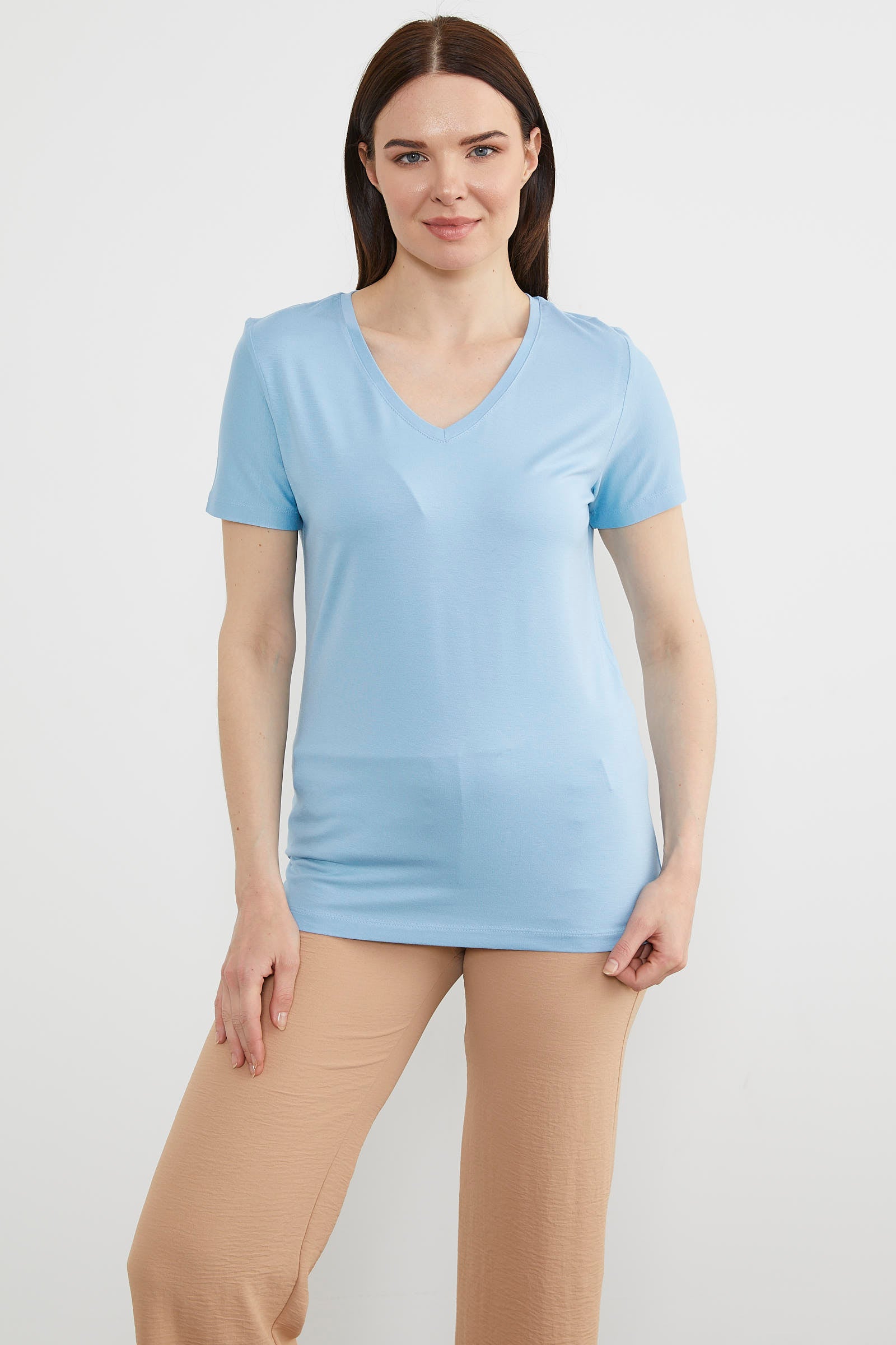 V Yaka Dökümlü Basic Tişört - Mavi (1) Sementa