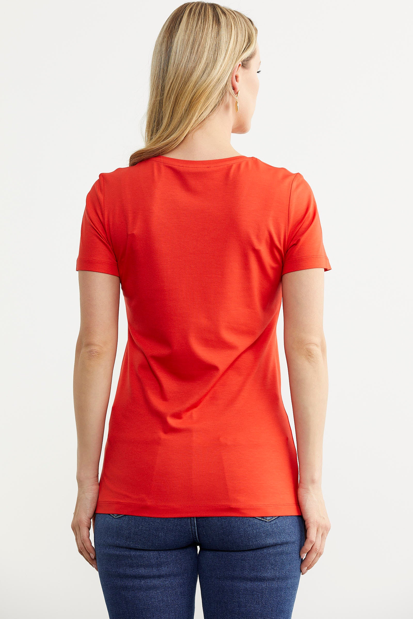 V Yaka Dökümlü Basic Tişört - Mercan (5) Sementa