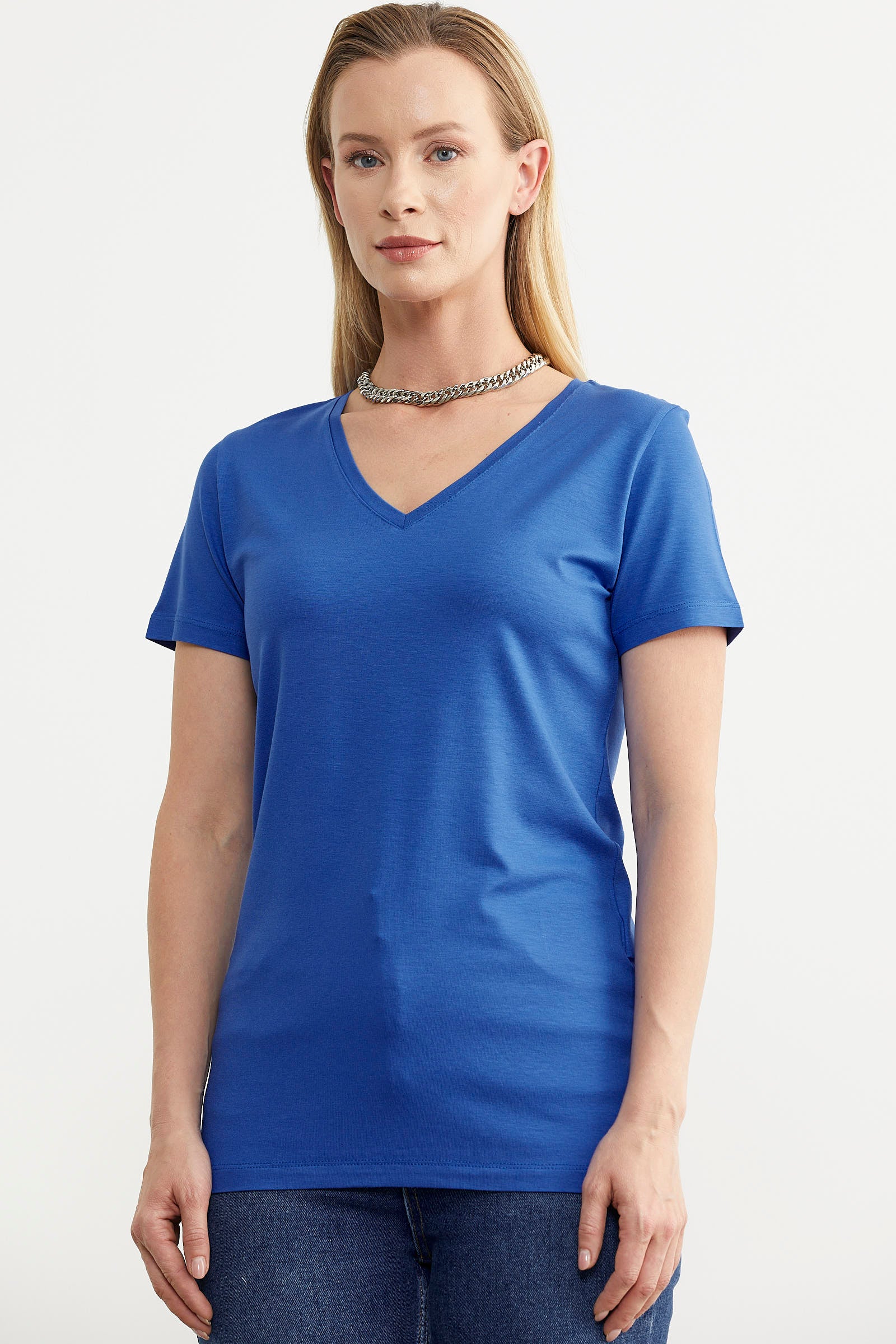 V Yaka Dökümlü Basic Tişört - Saks (2) Sementa