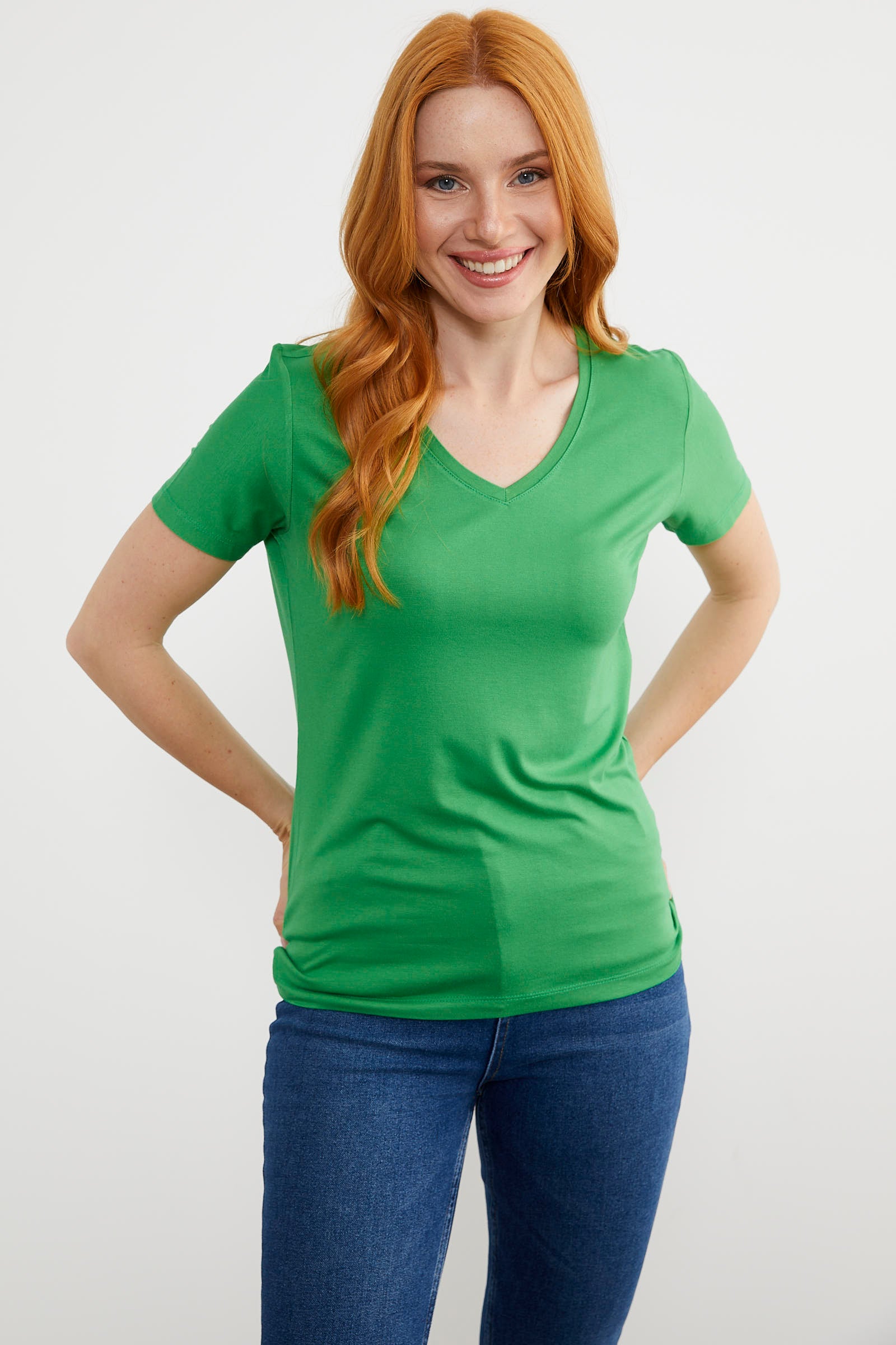 V Yaka Dökümlü Basic Tişört - Yeşil (5) Sementa
