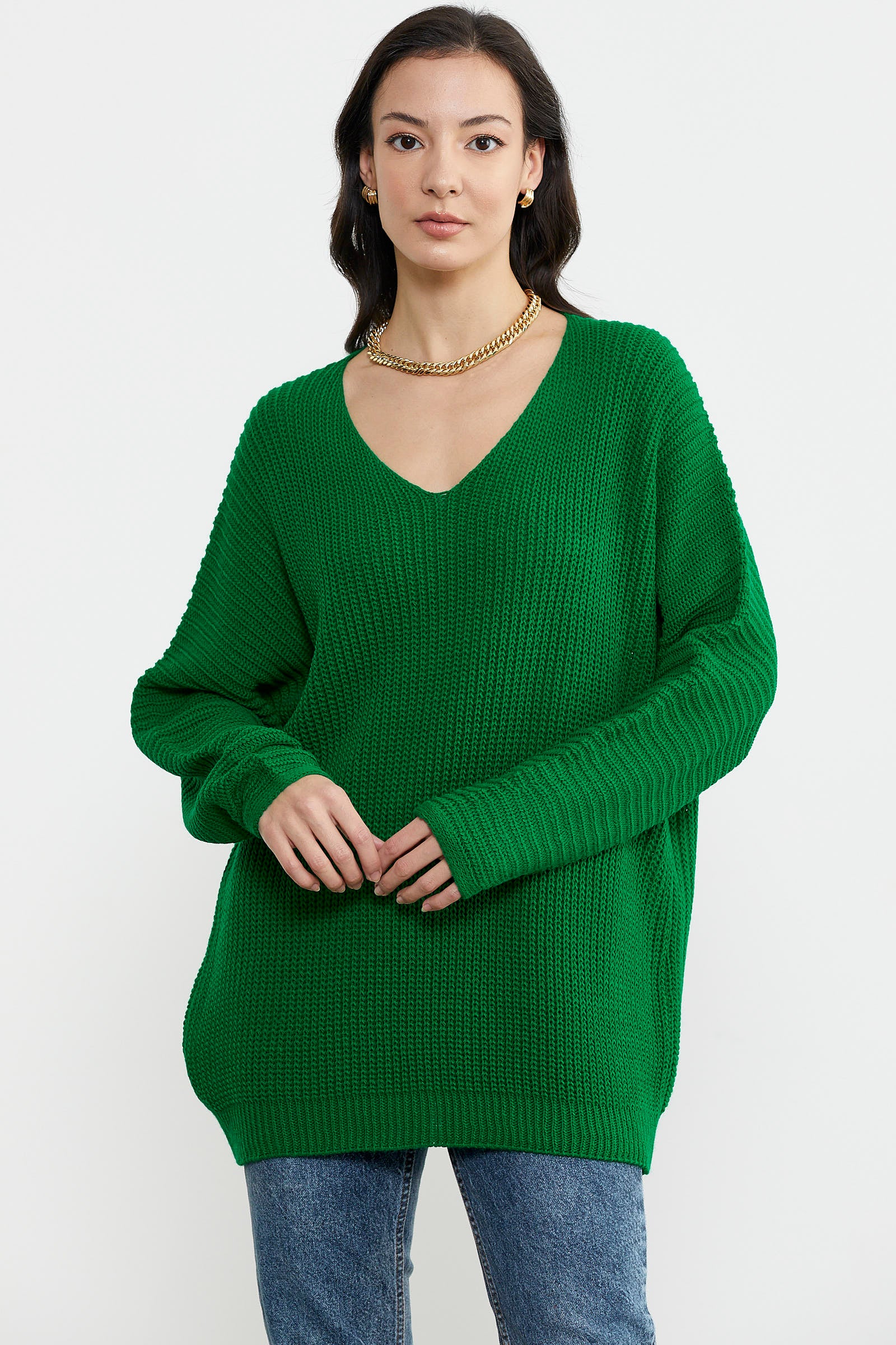 V Yaka Dökümlü Triko Kazak - Benetton Yeşil (2) Sementa