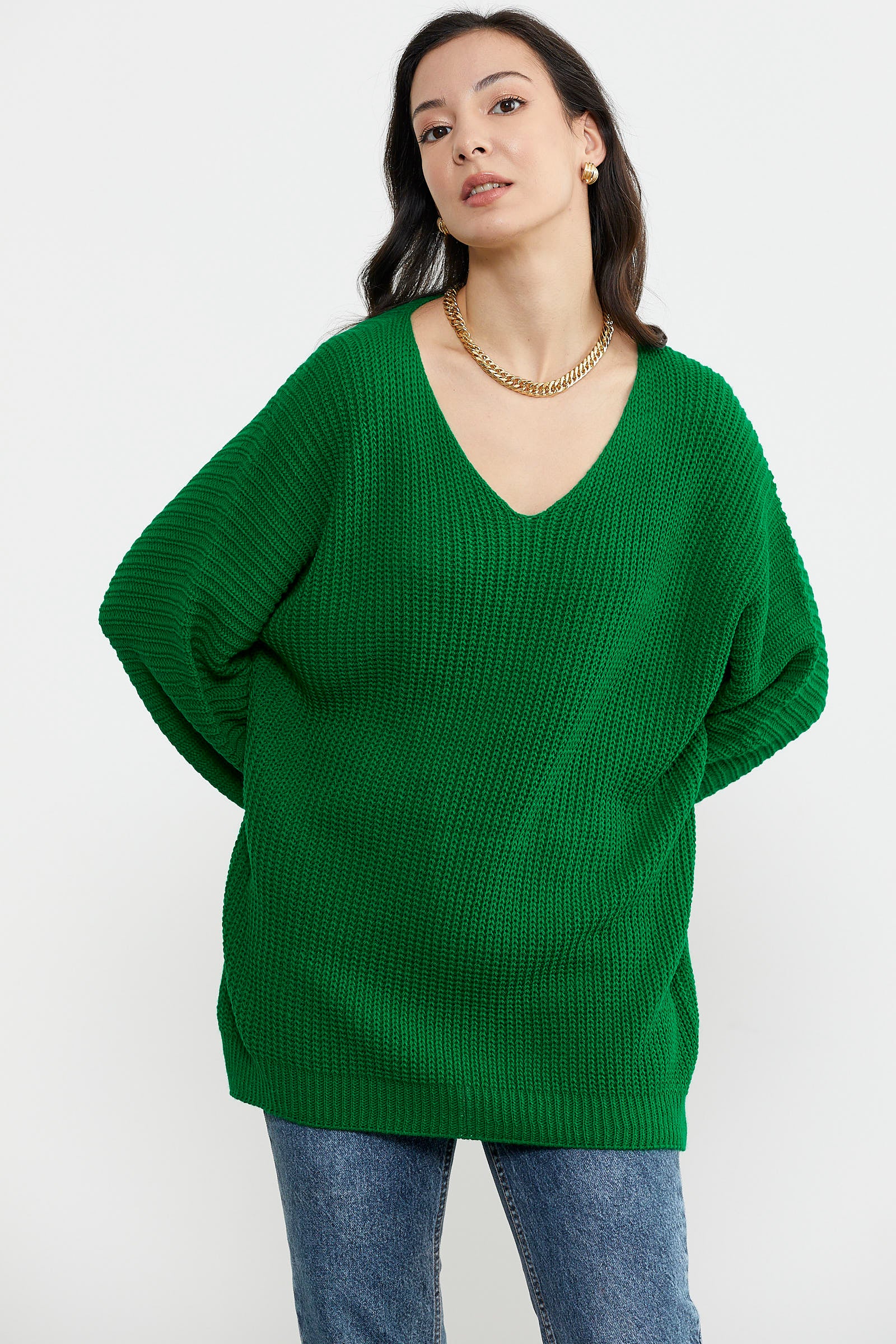 V Yaka Dökümlü Triko Kazak - Benetton Yeşil (4) Sementa