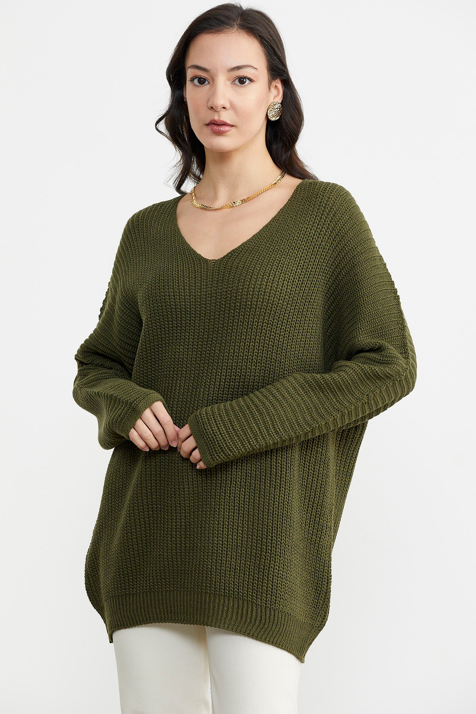 V Yaka Dökümlü Triko Kazak - Haki (2) Sementa