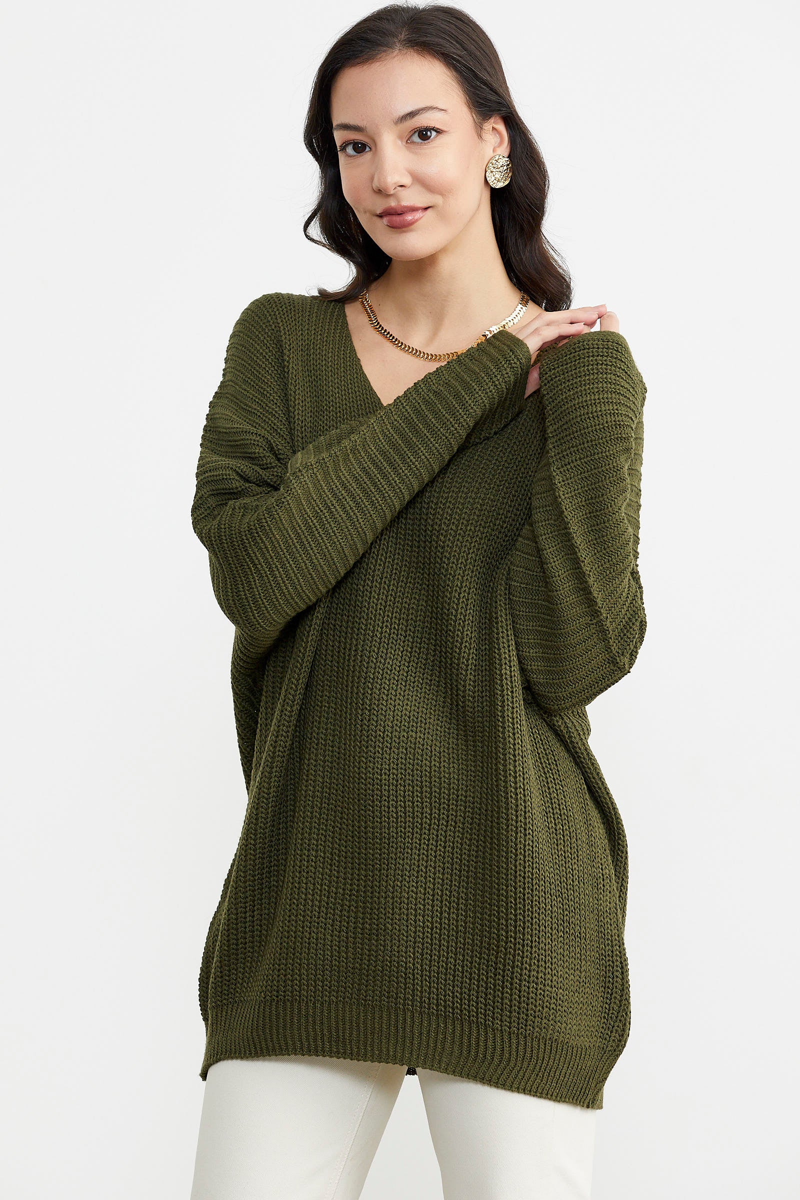 V Yaka Dökümlü Triko Kazak - Haki (3) Sementa