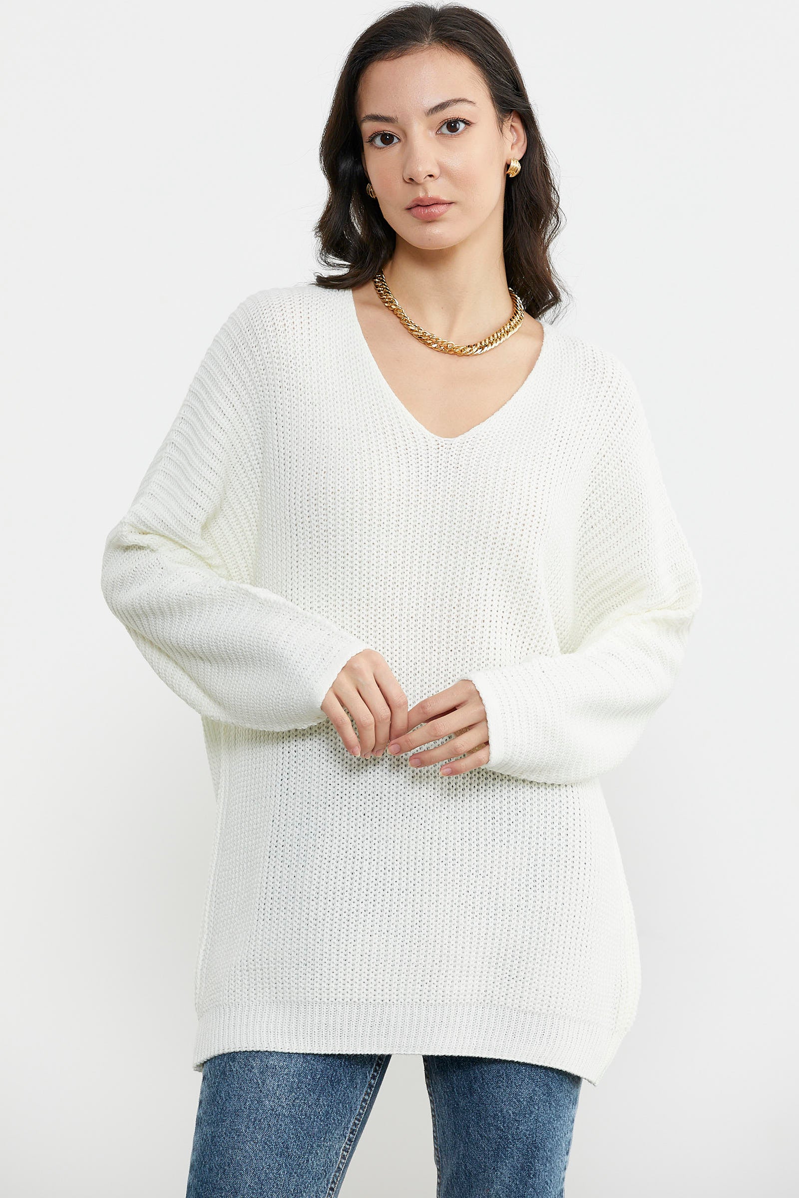 V Yaka Dökümlü Triko Kazak - Kemik (2) Sementa