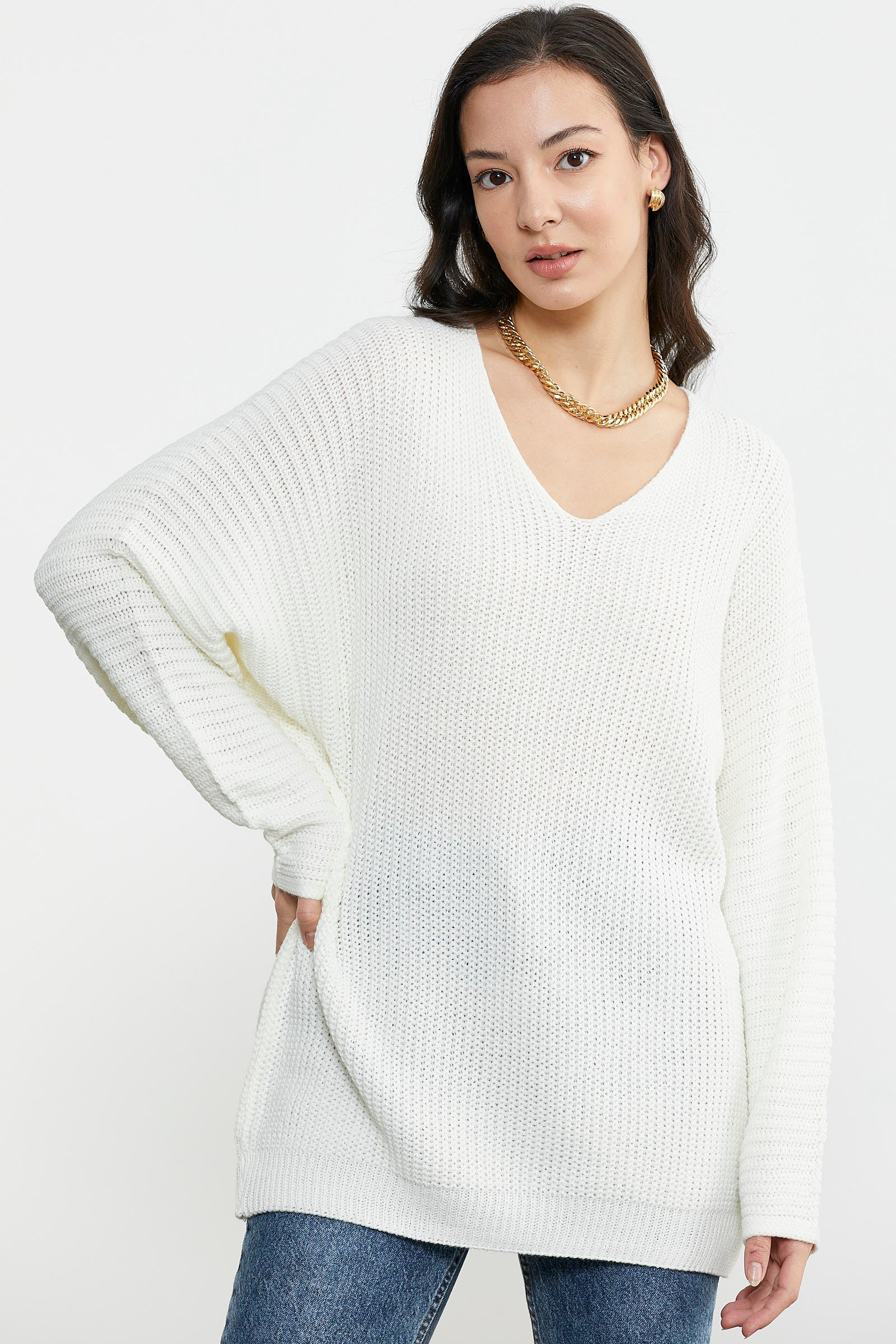 V Yaka Dökümlü Triko Kazak - Kemik (5) Sementa