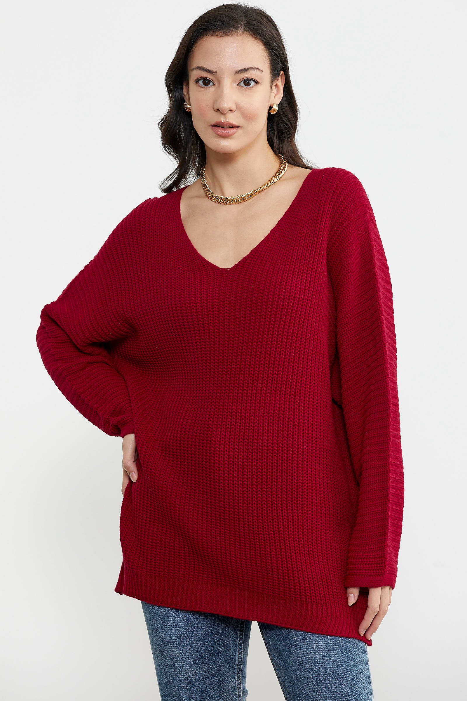 V Yaka Dökümlü Triko Kazak - Kırmızı (3) Sementa