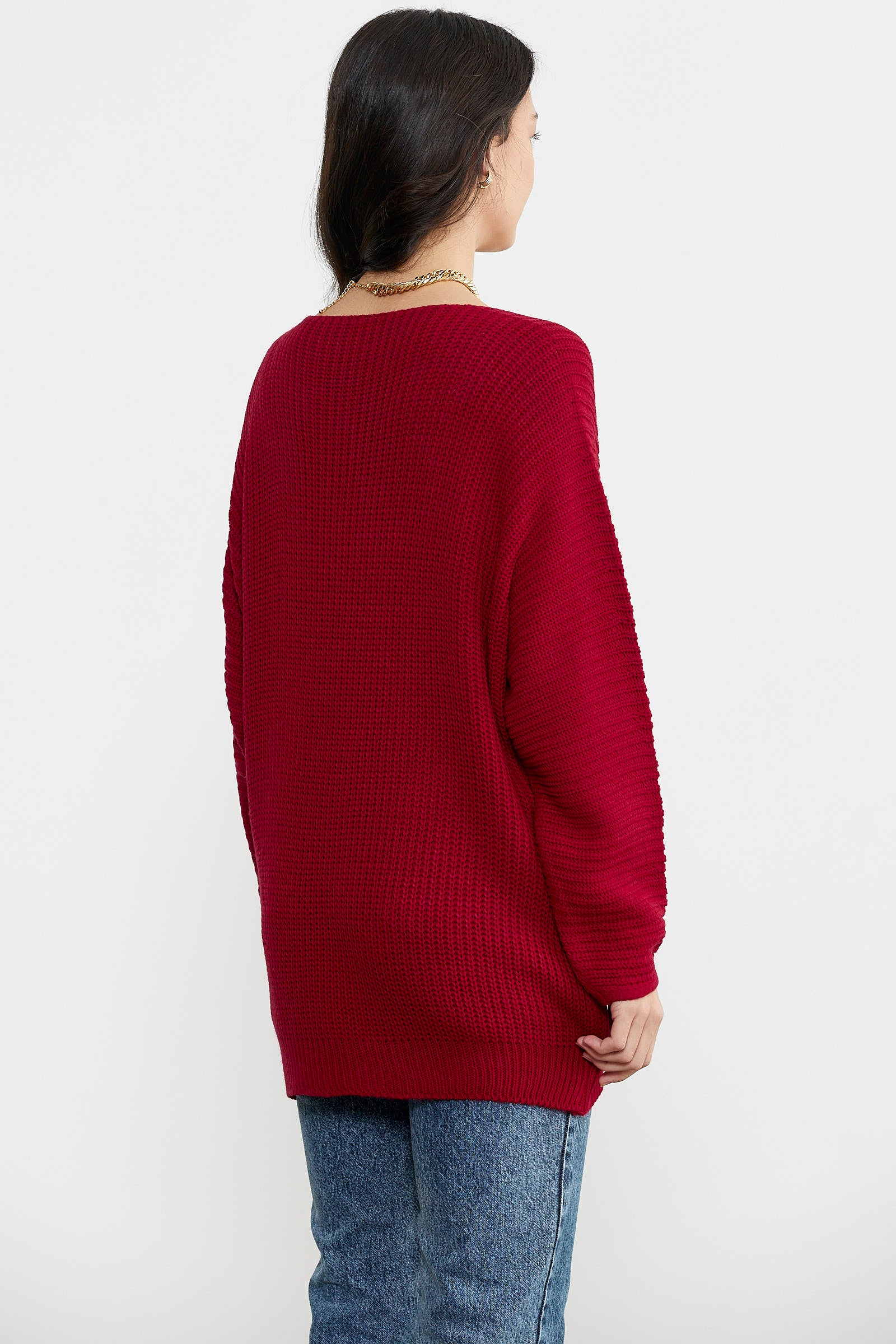 V Yaka Dökümlü Triko Kazak - Kırmızı (4) Sementa