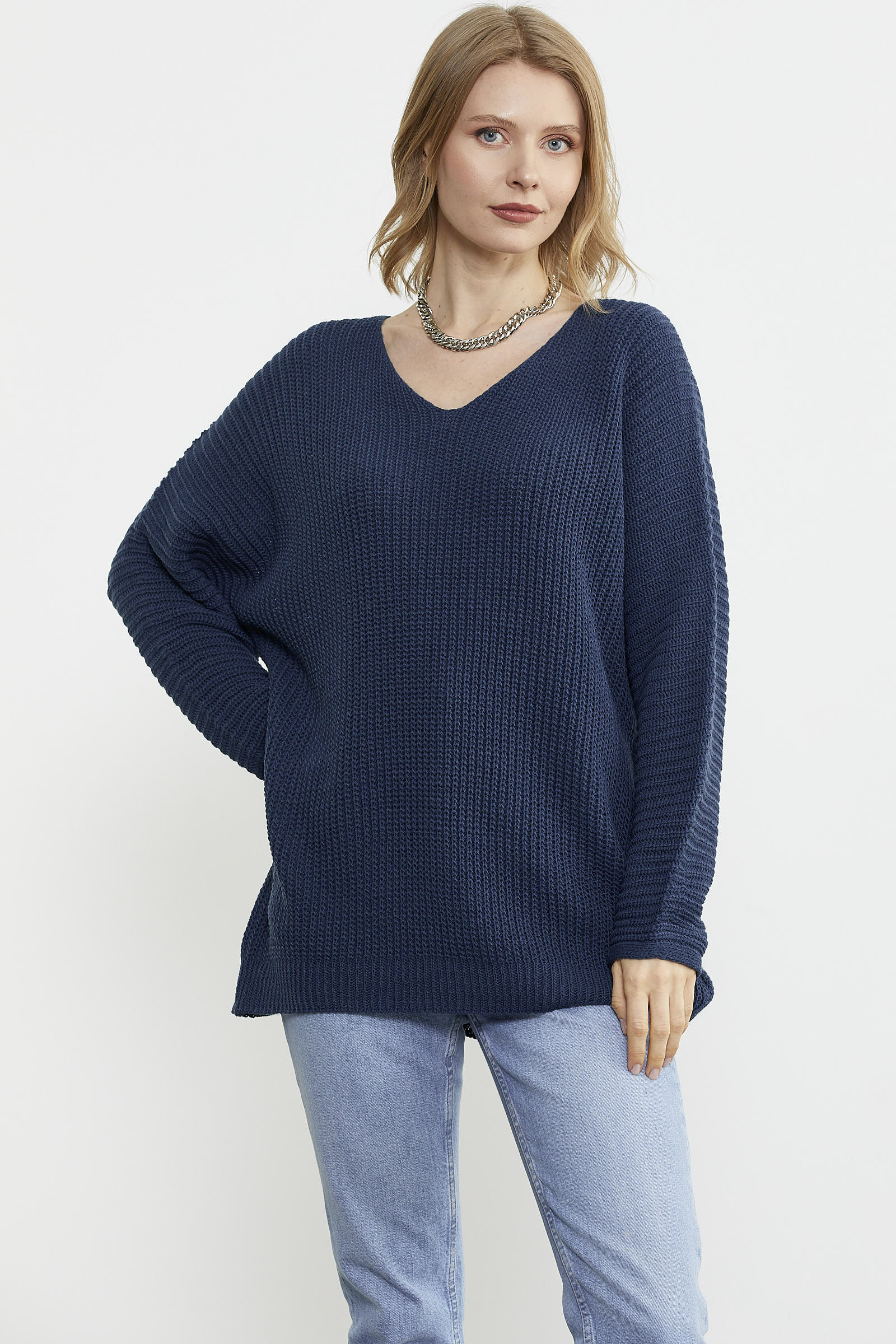 V Yaka Dökümlü Triko Kazak - Lacivert (1) Sementa