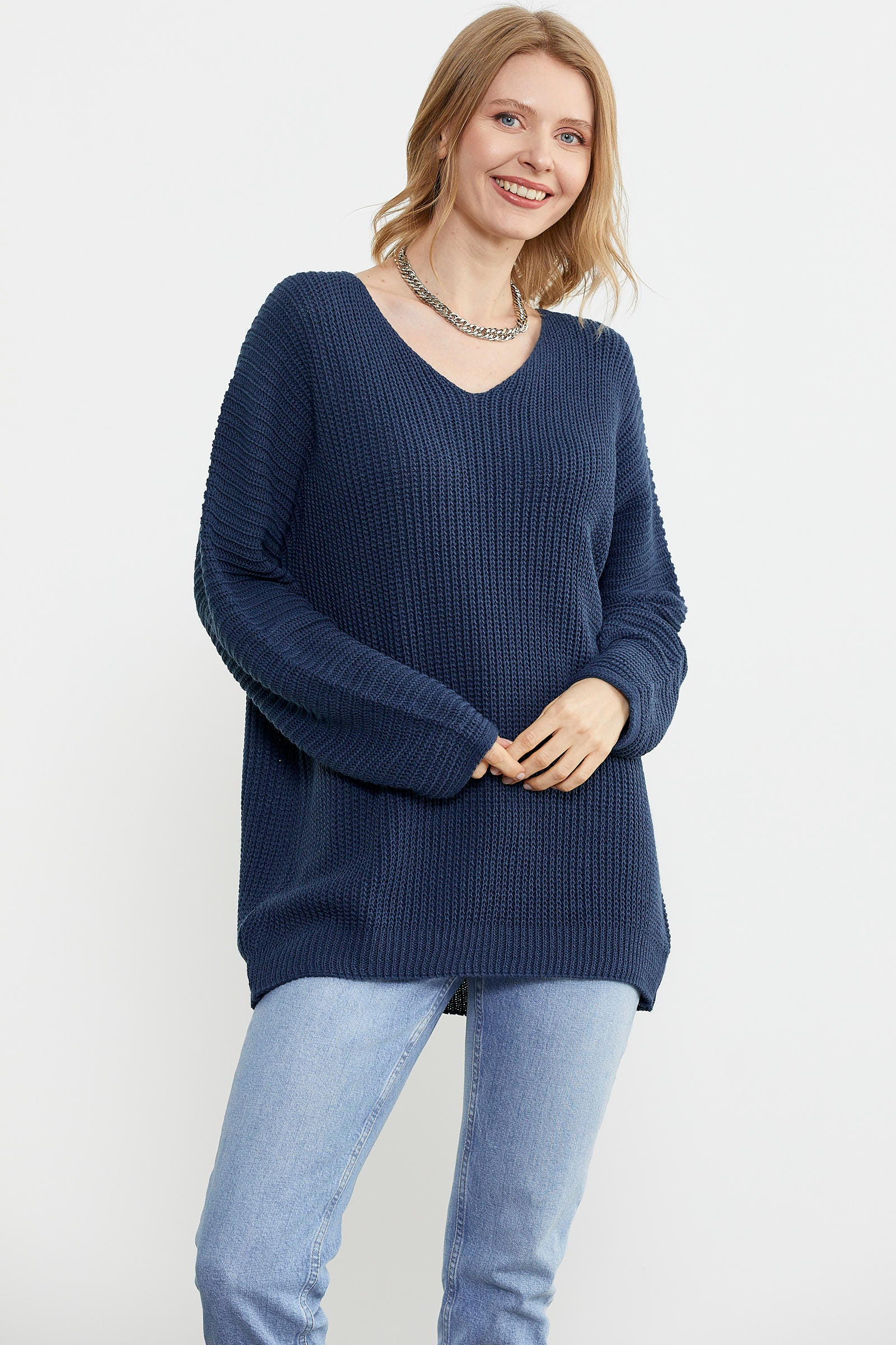 V Yaka Dökümlü Triko Kazak - Lacivert (3) Sementa