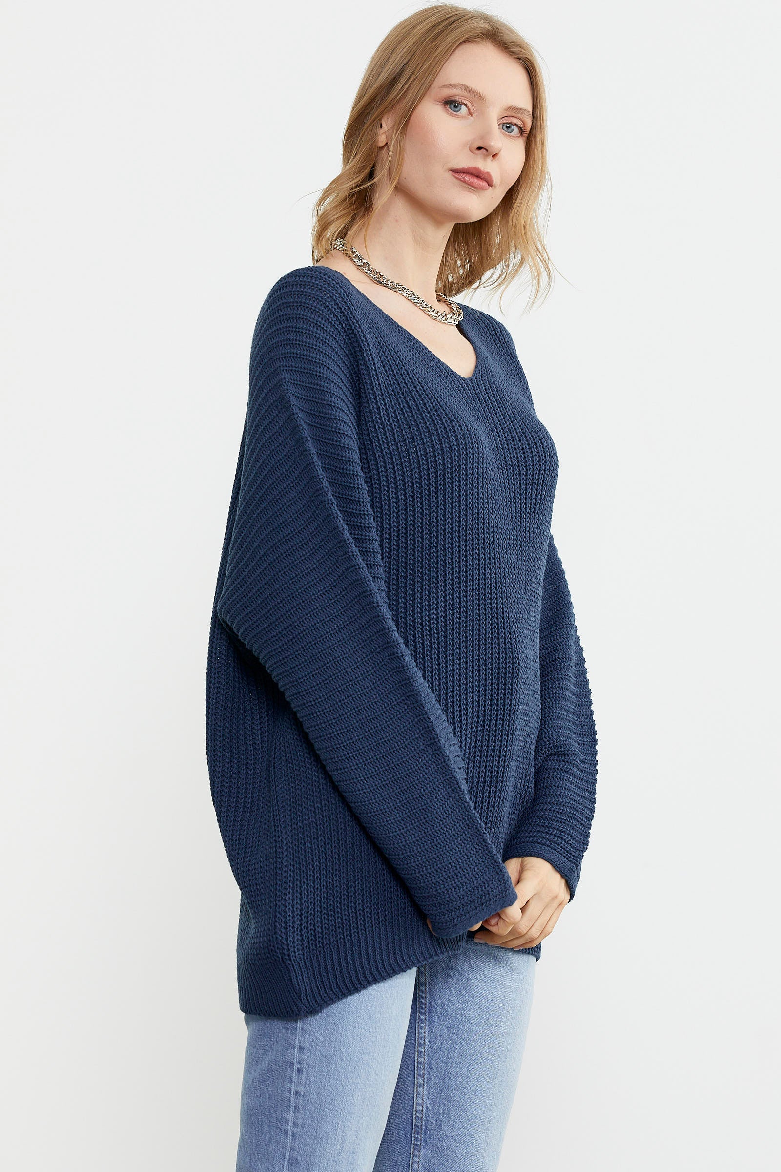 V Yaka Dökümlü Triko Kazak - Lacivert (4) Sementa