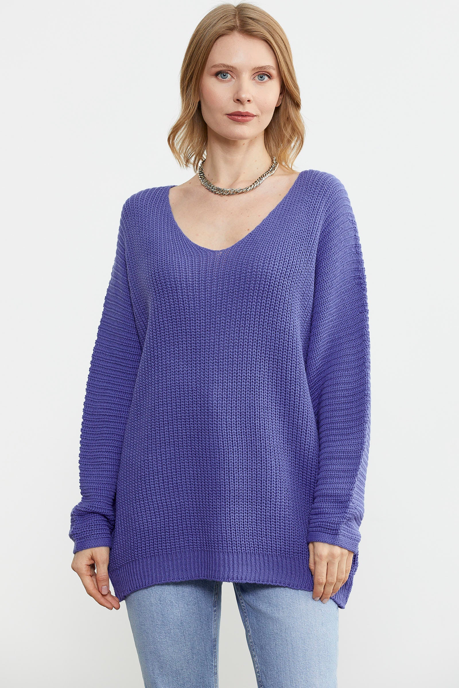 V Yaka Dökümlü Triko Kazak - Mor (1) Sementa