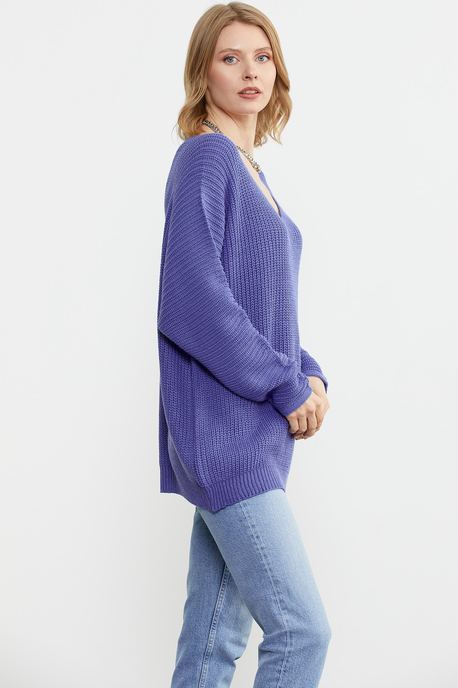 V Yaka Dökümlü Triko Kazak - Mor (3) Sementa