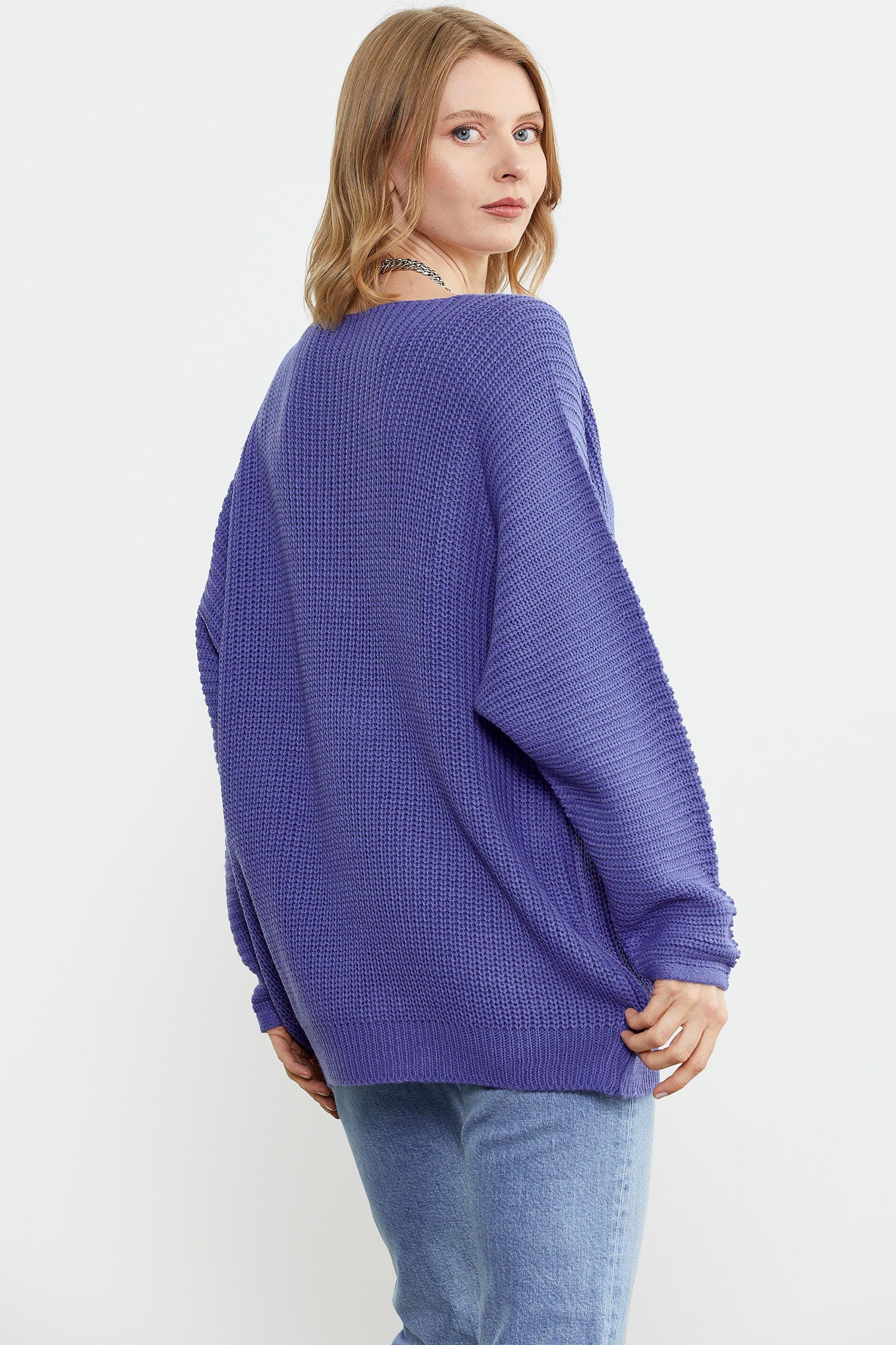 V Yaka Dökümlü Triko Kazak - Mor (5) Sementa