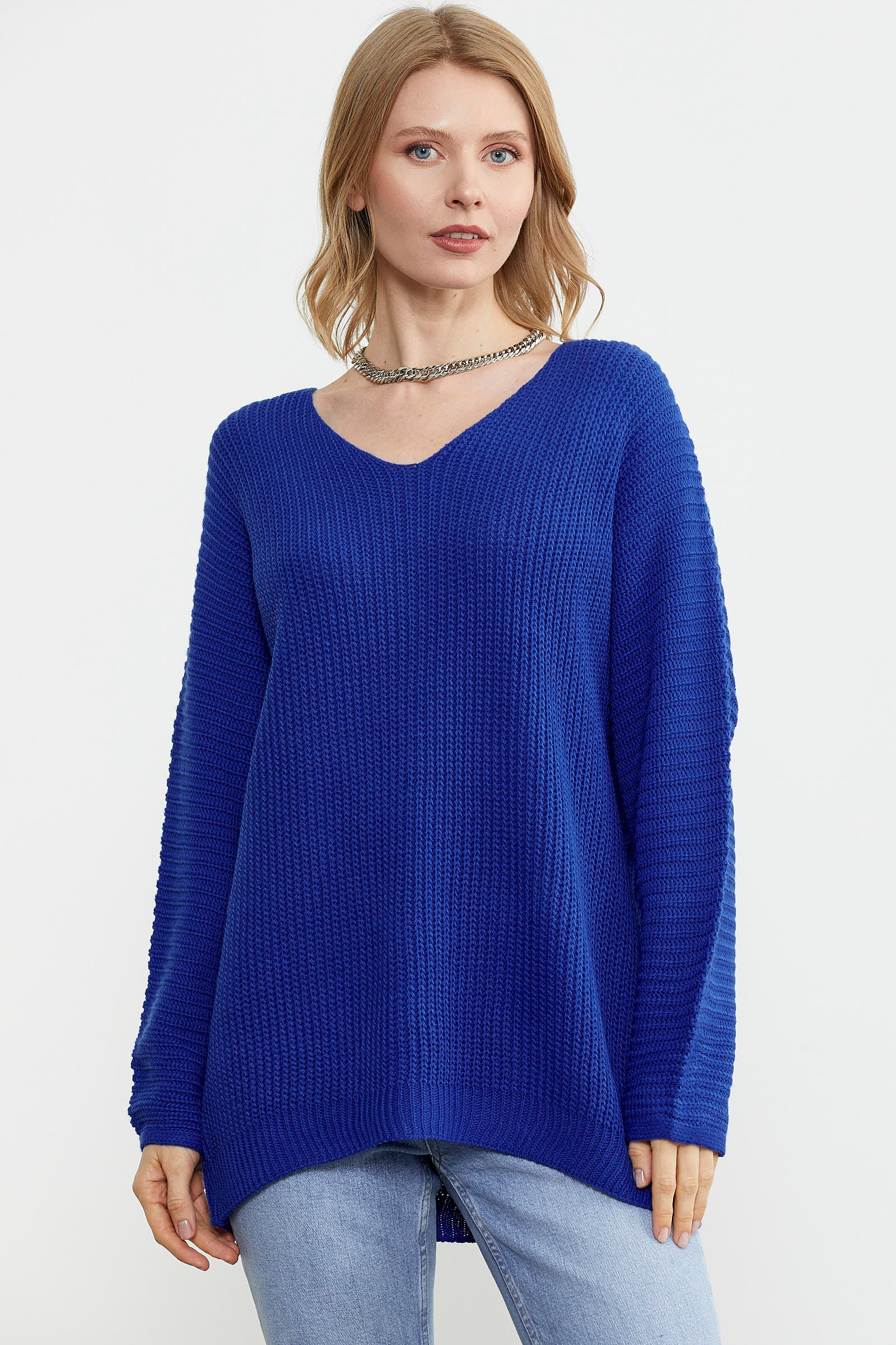 V Yaka Dökümlü Triko Kazak - Saks (1) Sementa