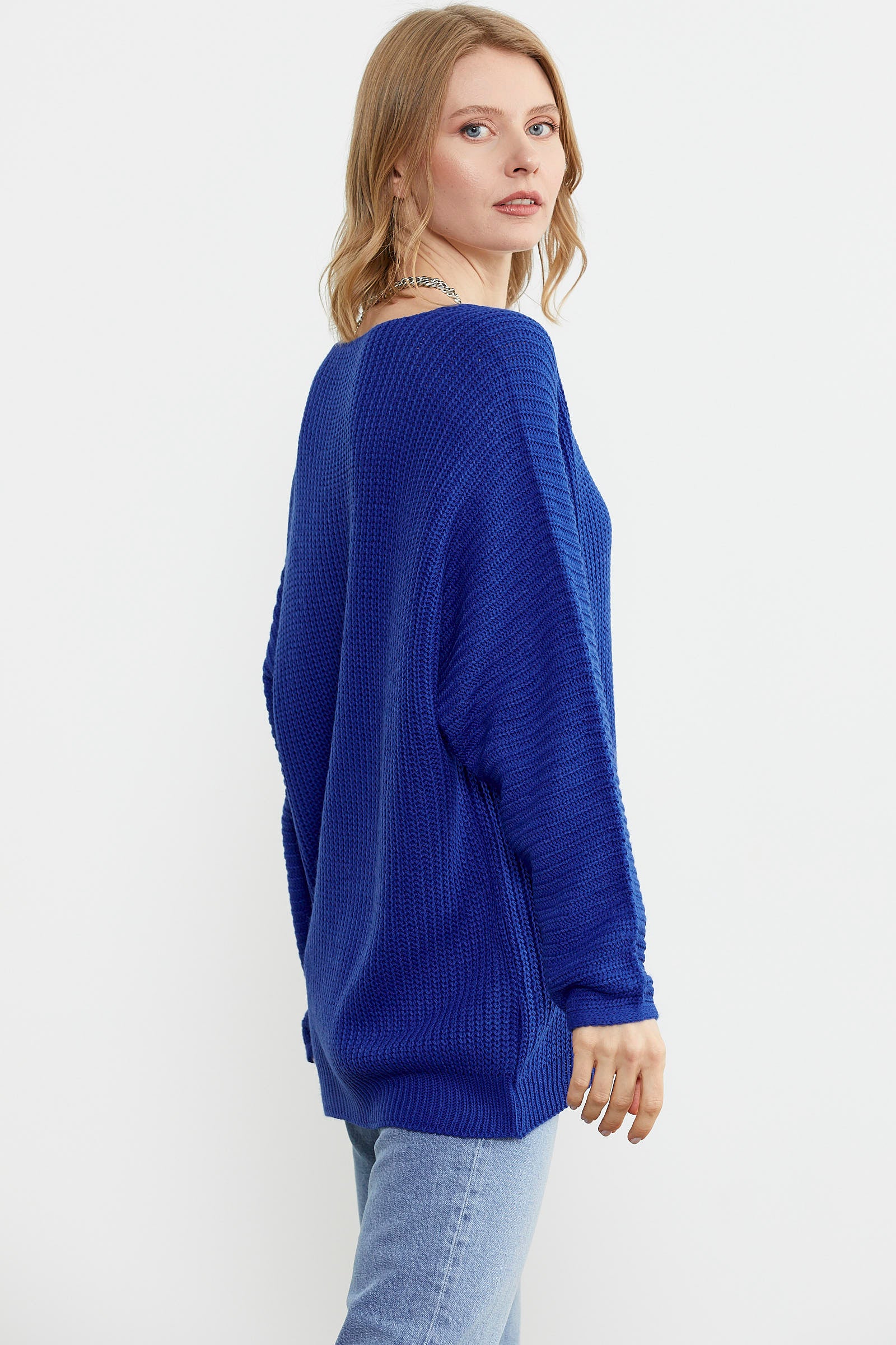 V Yaka Dökümlü Triko Kazak - Saks (4) Sementa